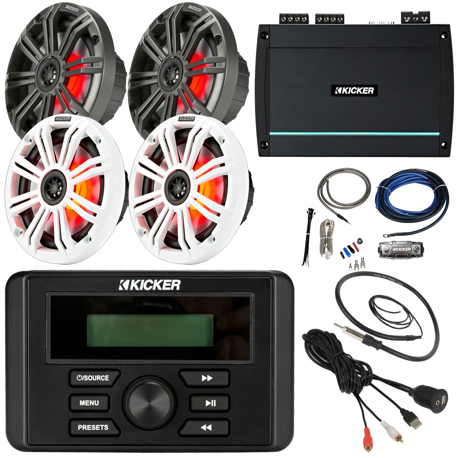 21' - 29' Pontoon Boat Marine System Includes: Bluetooth Receiver, 4 x Kicker 6.5� LED Speakers, 4-Channel Amplifier, Amp Power Kit, 22" Antenna, USB Aux Interface Mount