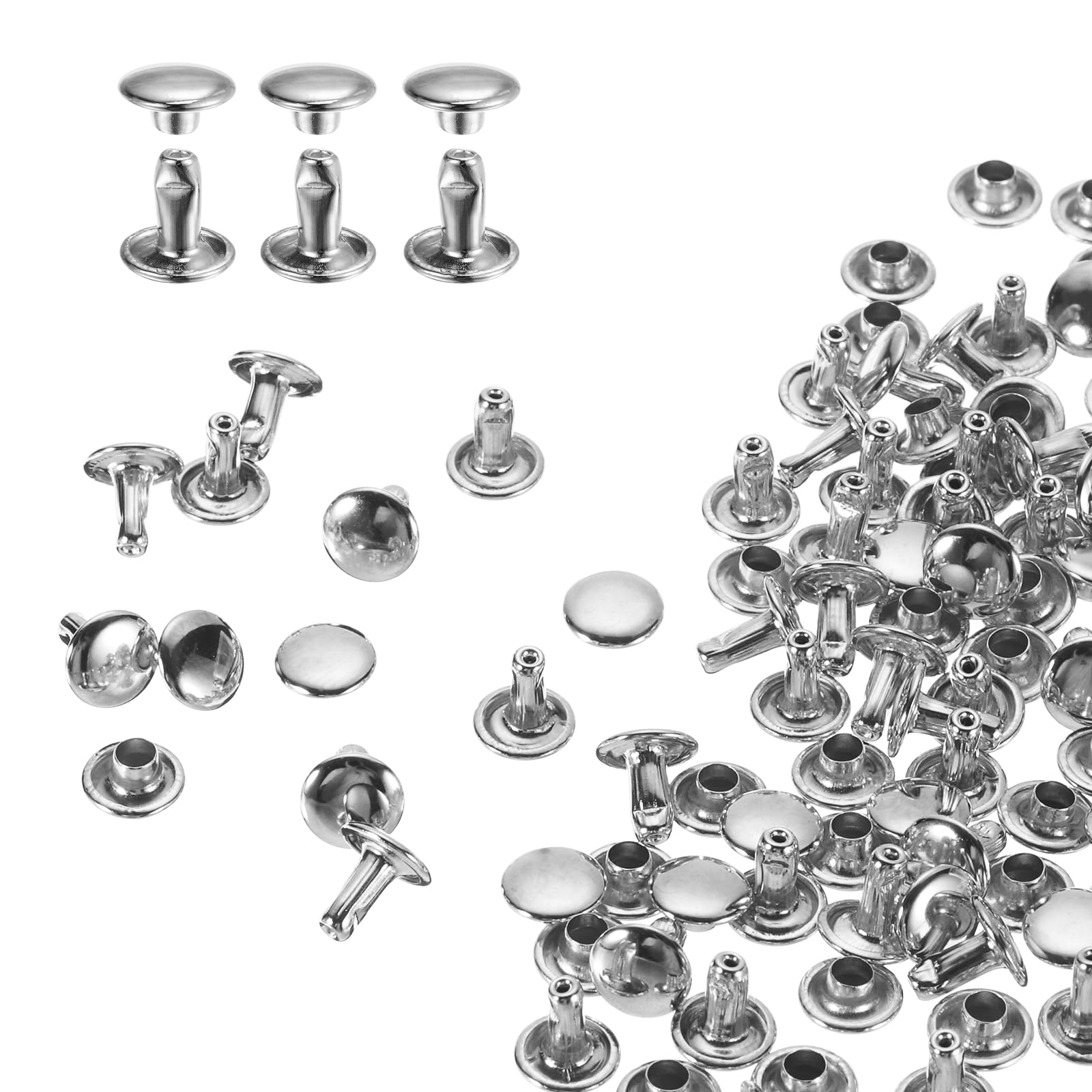 sourcing map 100 Sets Double Cap Rivets 8x8mm Carbon Steel Round Head Snaps Studs Fasteners Tubular Metal Studs for Leather Craft Repairs Decoration, Silver