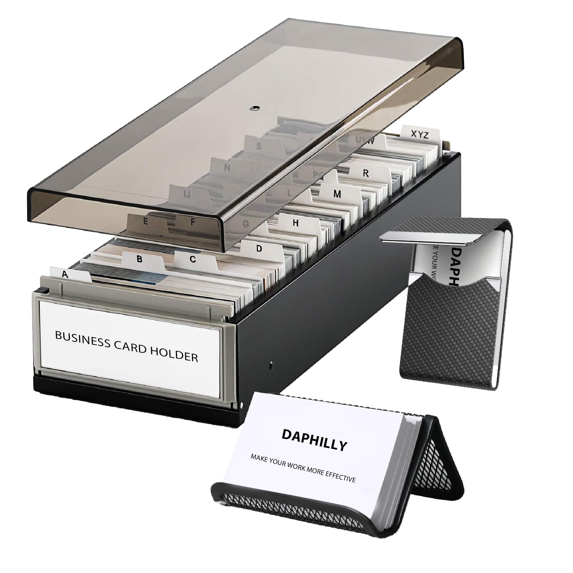 Business Card Holder for Desk, Business Card Holder Organizer, Credit Card Organizer Case File Index Card Box Storage,with A-Z Tabs, Storage up to 800 Cards (3.5” x 2.2”), Metal Structure