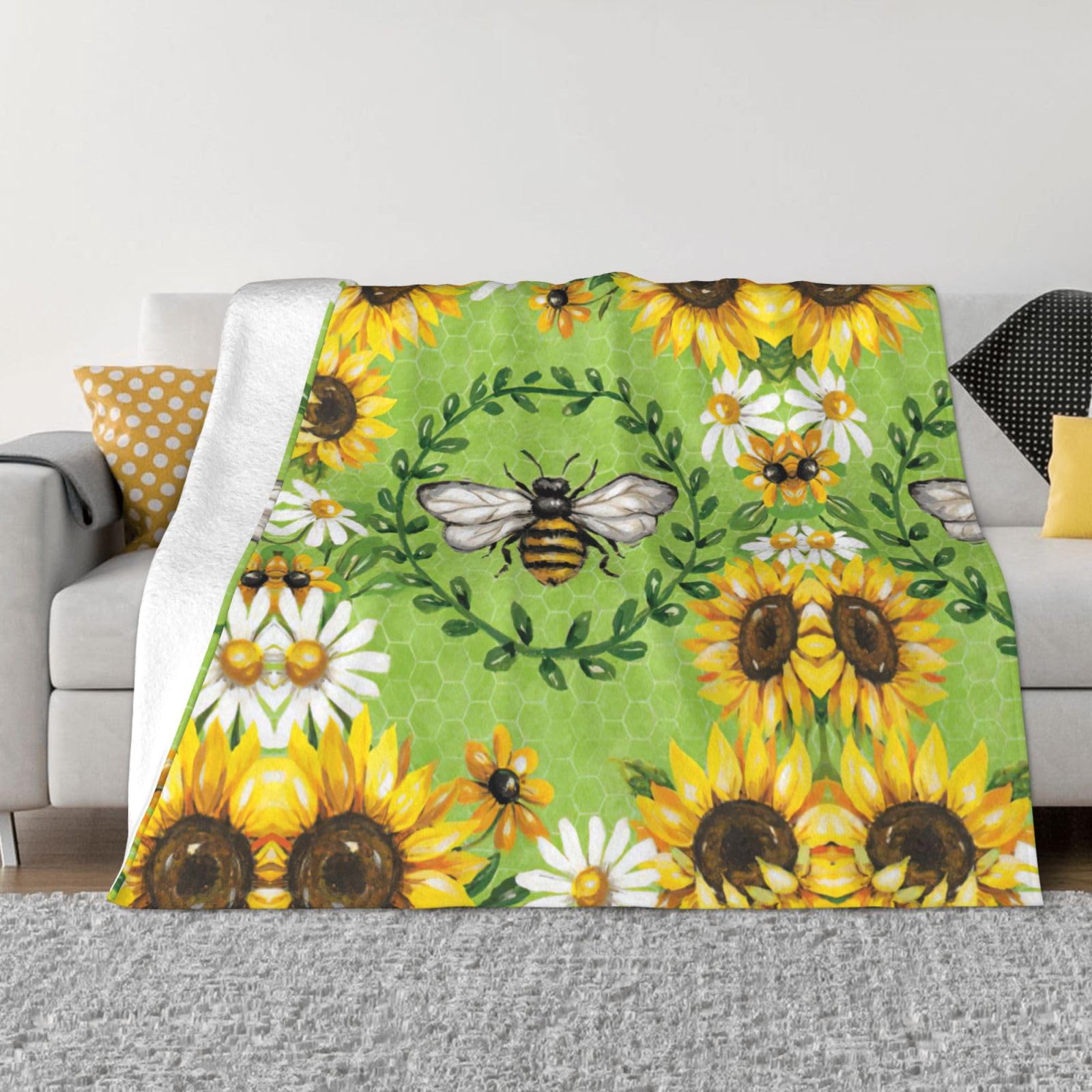 Couverture en micro-polaire imprimée abeilles et tournesols - Plaid flanelle lit