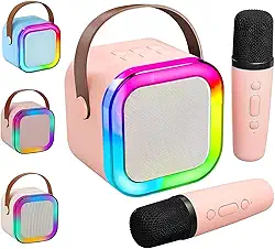 Caixa de Som Karaokê Portátil com 02 Microfones Sem Fio | Testados Previamente | com Luzes LED RGB e Vozes Auto Tune - Envio de Cores Conforme Disponibilidade