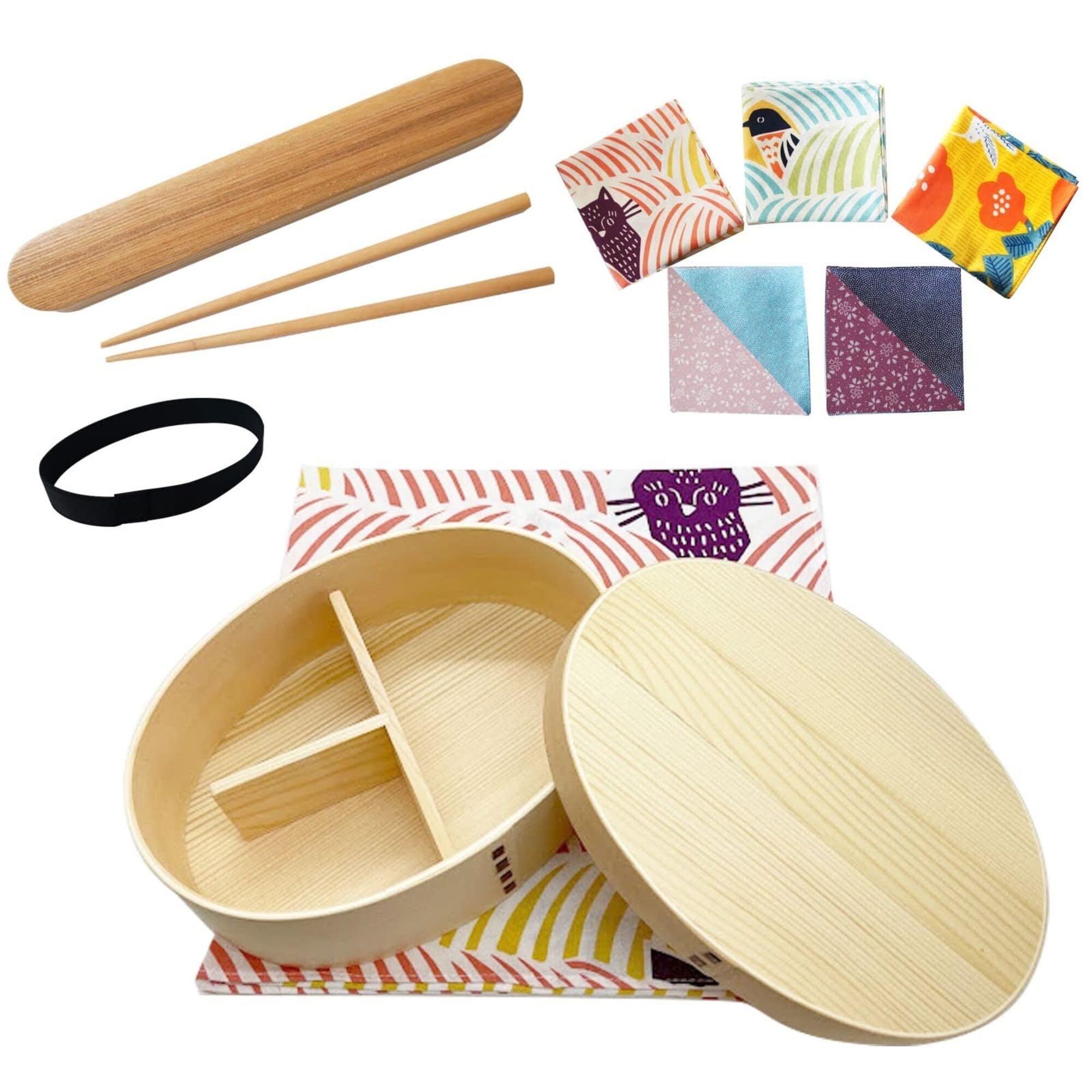 Magewappa Bento Box White Cedar 5pc Set Cat Bird Pink Furoshiki 23oz