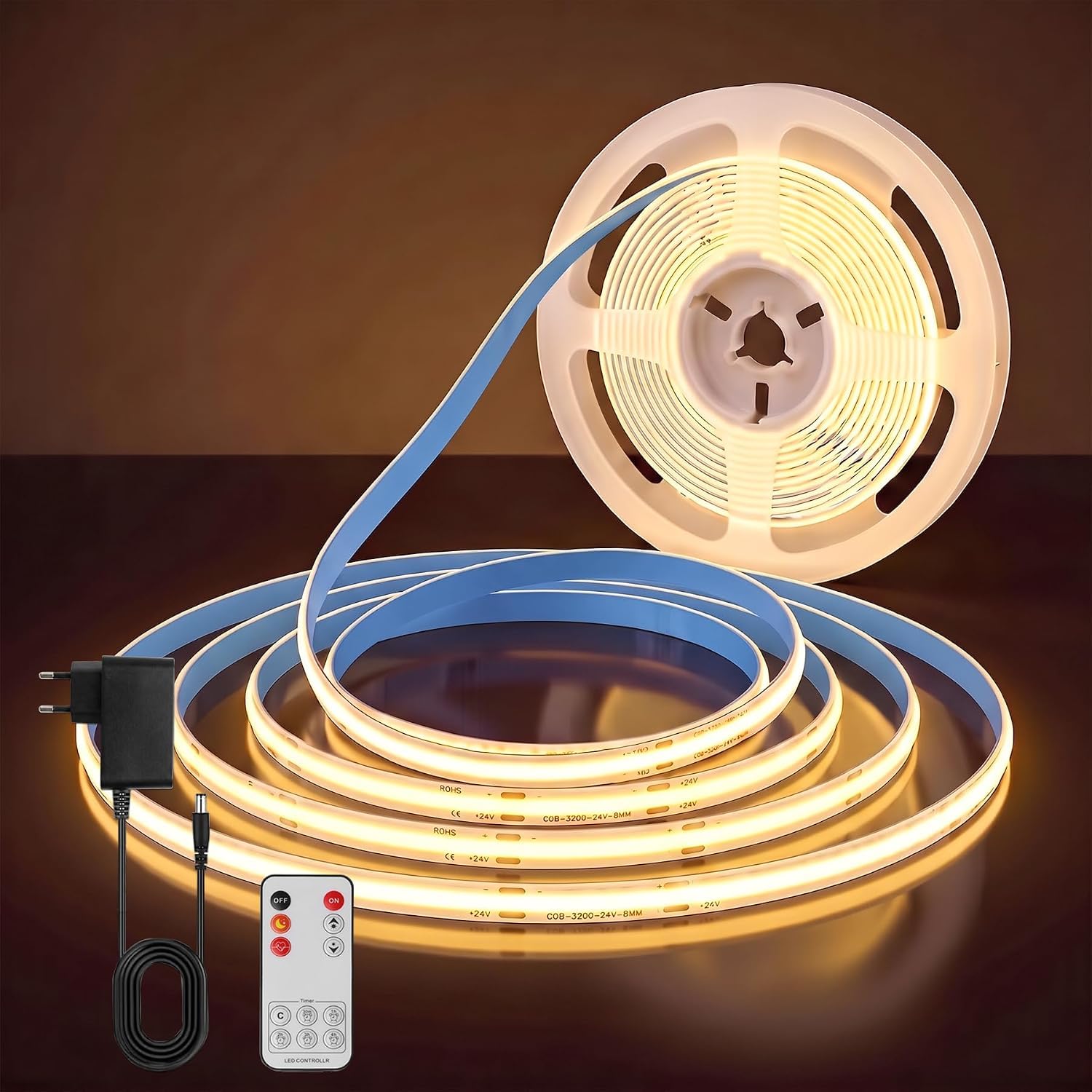 Aogled Striscia LED COB 10m 24V Bianco Caldo 2700K, Striscia LED Dimmerabile CRI 90+, Luce Uniforme Senza Punti, Flessibile, Tagliabile e Autoadesiva, per Cucina, TV, Mensole, Specchi e Armadi