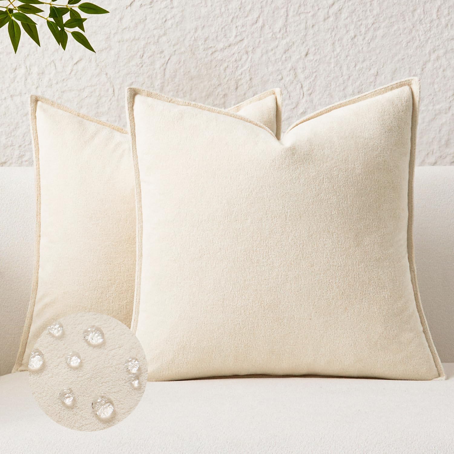 Kevin Textile Waterproof Decorative Pillow Covers Cream White 18x18 Inch Pack of 2 Soft Boucle Textured Throw Pillowcases Elegant Accent Pillows for