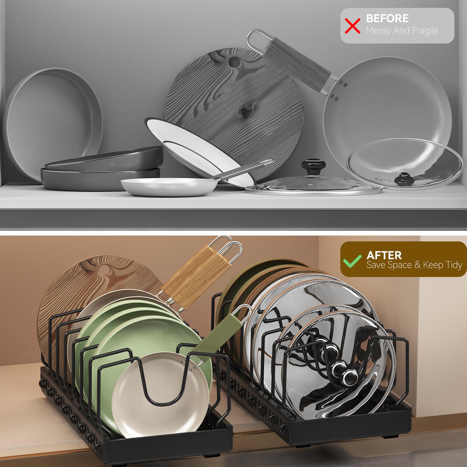 Organizador de tapas de ollas, organizador de ollas y sartenes extraíbles, soporte para tapa de ollas debajo del gabinete para cocina, almacenamiento de ollas y sartenes con 8 separadores ajustables