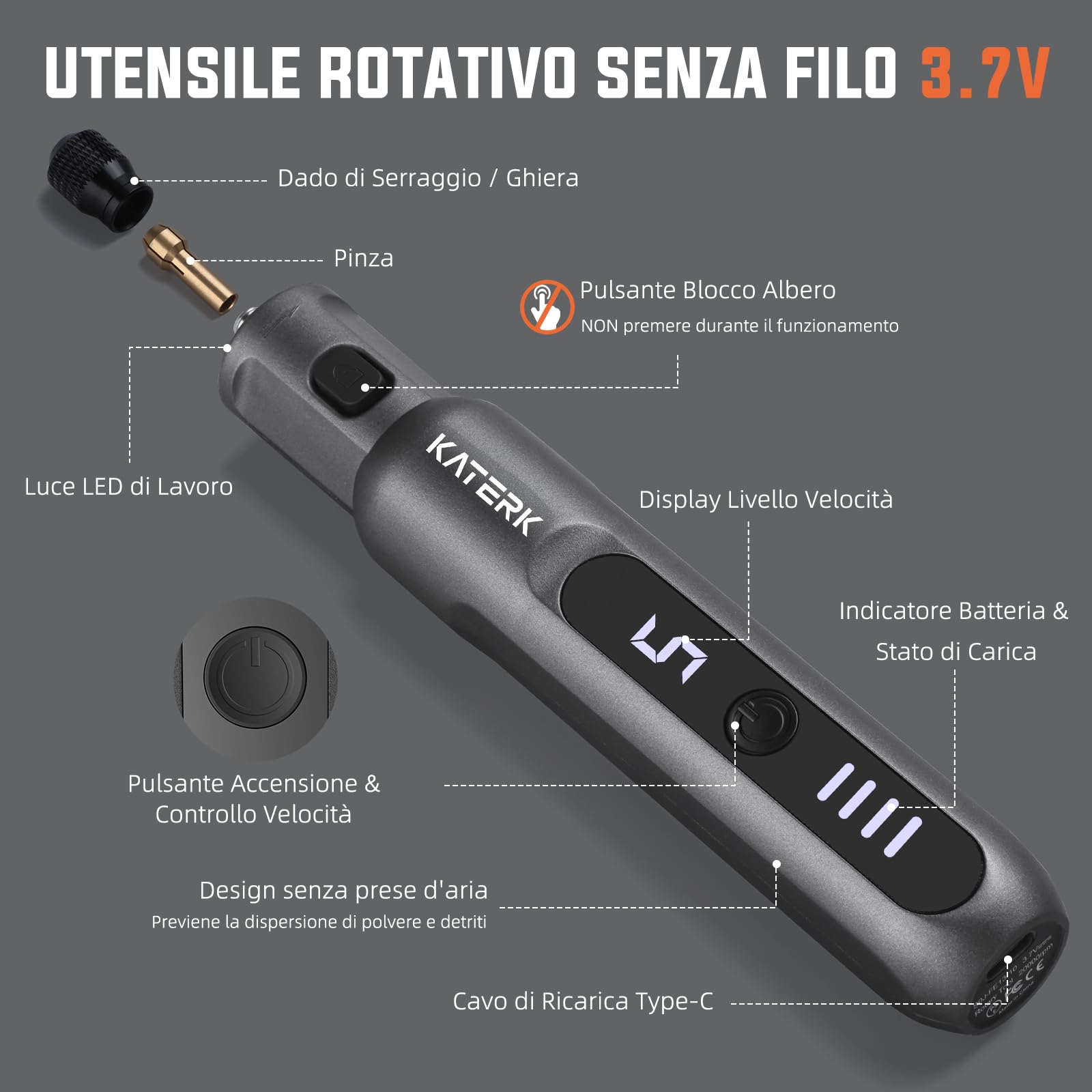 Katerk Kit di Utensile Multifunzione 3.7V Utensile Rotante 20000 giri/min 2500mAh 70 Accessori per Foratura Fresatura Incisione Lucidatura Grigio
