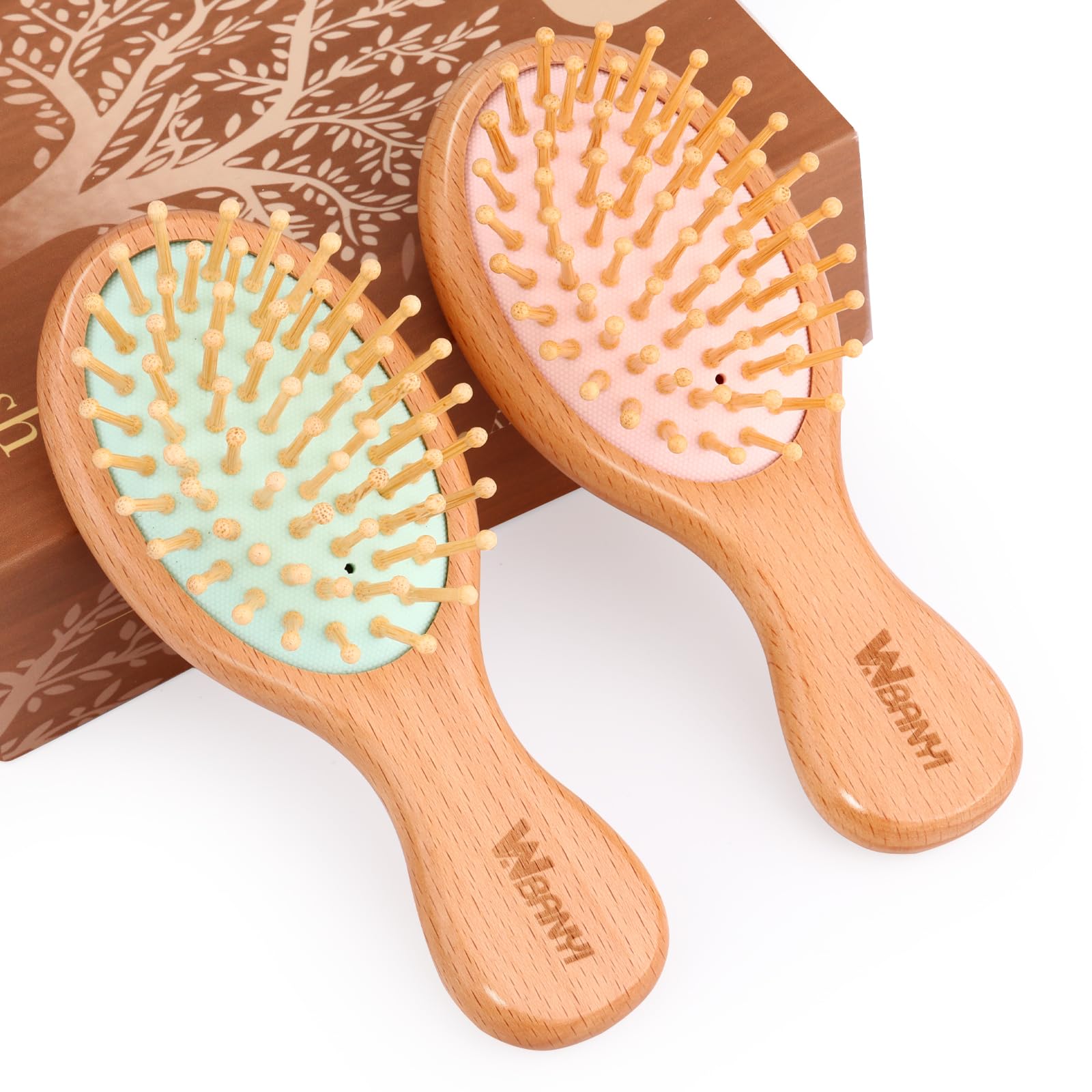 2Pcs Mini Travel Wooden Hair Brush for Women, WBANYI Small Massage Hair Brush with Natural Bamboo Bristle for Hair Growth, Hair Comb for Girls, Boys, Kids — New Upgraded Quality Air Cushion