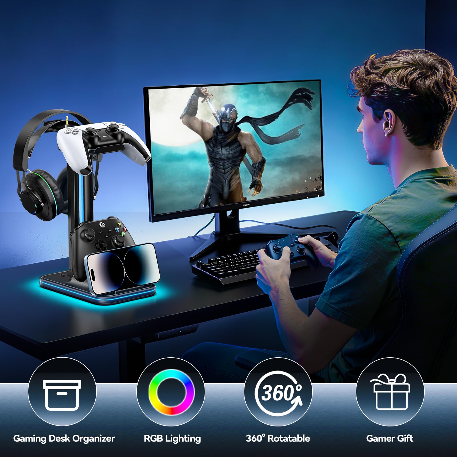 Supporto per cuffie e controller 4 in 1 per scrivania, supporto per cuffie rotante a 360° con supporto per telefono, 10 modalità RGB per accessori da gioco Mesa Gamer, P5/SW/Xbx Levitating Gaming