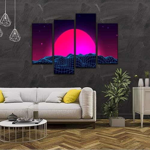 Miniatura 2 de IGOONE 4 paneles de pinturas en lienzo  paisaje de fondo de alambre de los años 80 estilo retro de onda ciencia ficción  arte de pared moderno