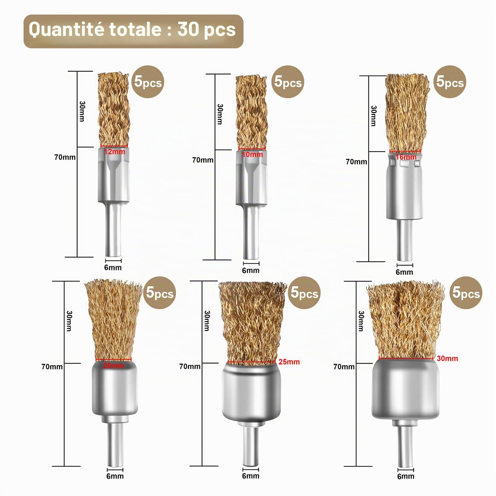 ATOPLEE Lot de 30 brosses métalliques revêtues de laiton avec tige de 6,35 mm, 6 tailles de brosses métalliques pour enlever la rouille, la corrosion, la peinture