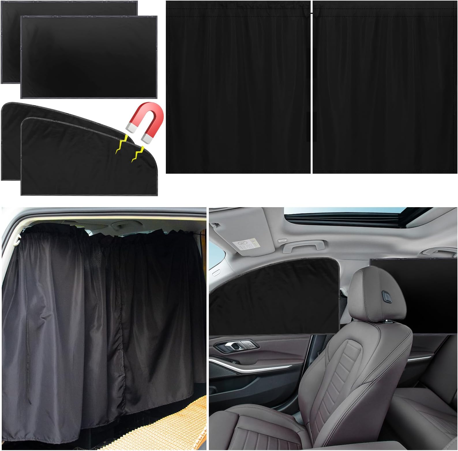PAMASE Set of 5 Car Privacy Curtains - 4 Magnetic Side Windows & 1 Rear Seat Divider Curtain Baby Shades, Wide Sedan SUV Sunshade Screen Covers for Travel Camping Nap Sleeping with Storage Bag