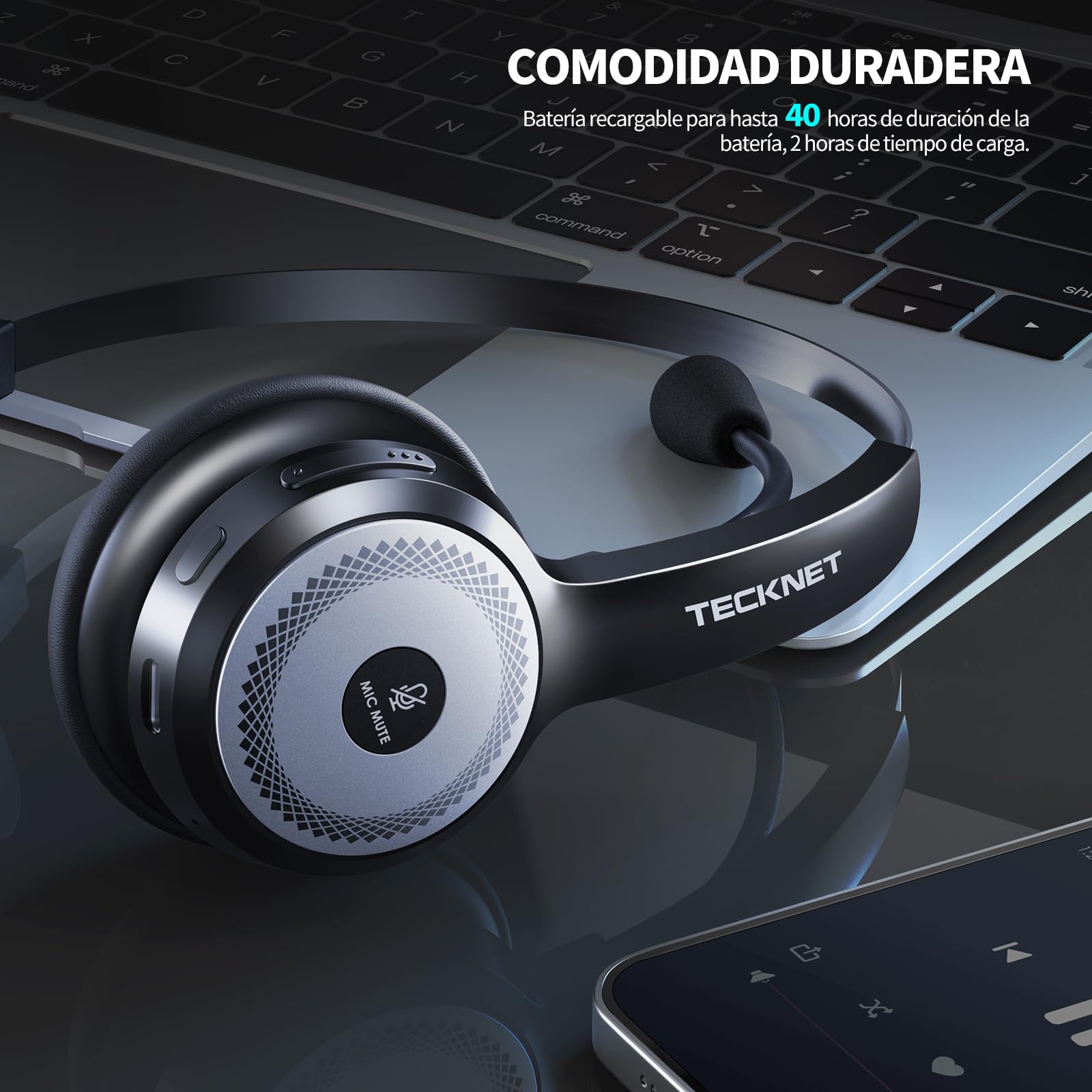 TECKNET Auricular Bluetooth con Estación de Carga, Auriculares Inalámbricos con Micrófonos PC, Cancelación de Ruido Sonido Estéreo Claro Compartible Skype,Centros de Llamadas,Cursos Online
