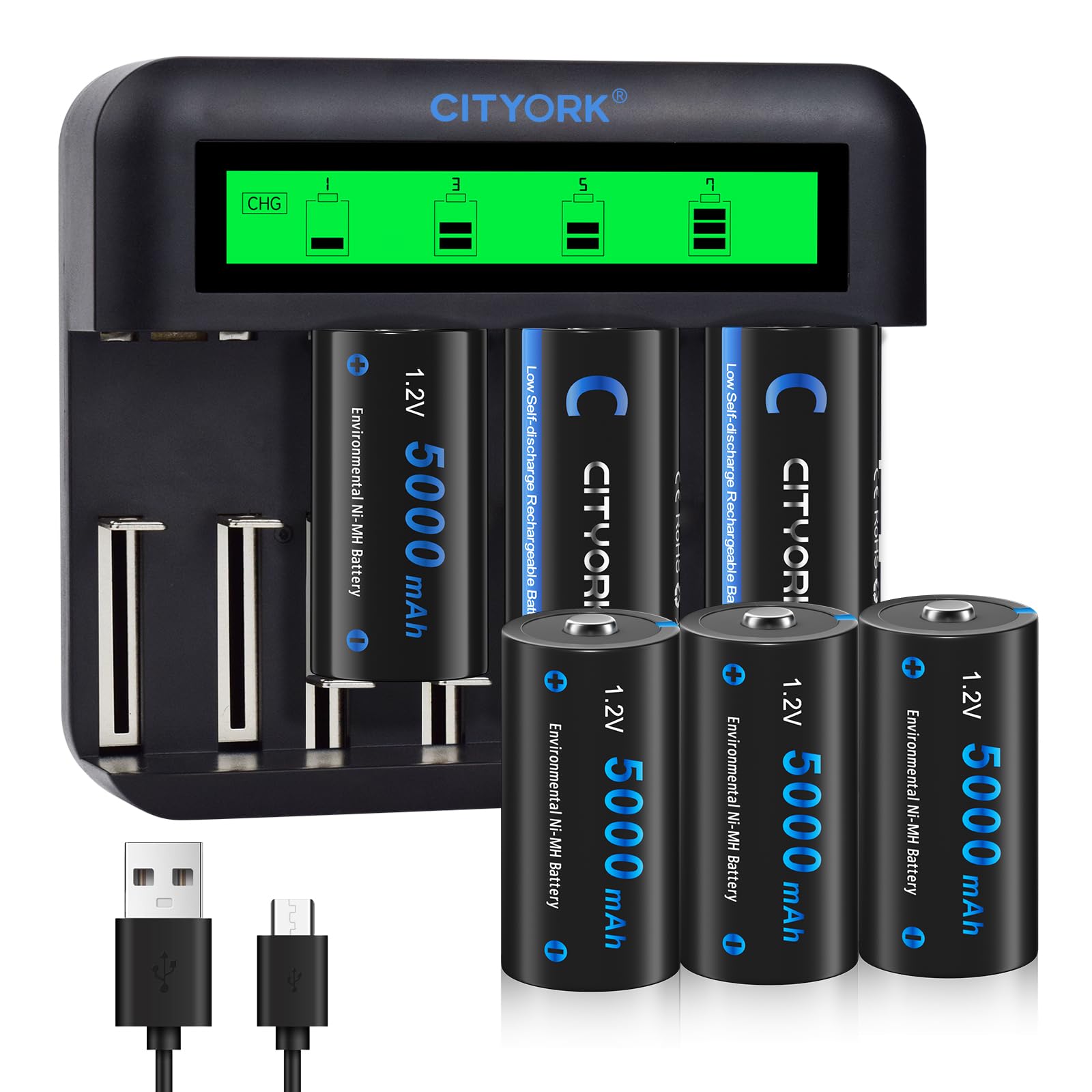 CITYORK C Cell 5000mAh Batterie 8 emplacements pour Piles AA AAA C D Ni-MH (Chargeur et 6 Piles Baby C)