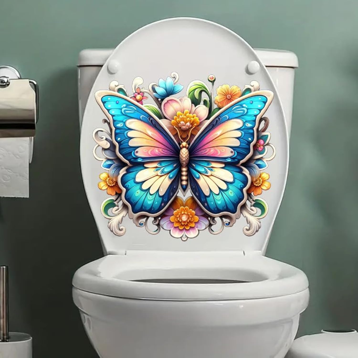 Beautiful Butterfly Flower Toilet Cover Sticker Decals,Fish Bird Flower Leaf Waterproof Toilet Lid Tank Seat Decals Cistern Self-Adhesive Bathroom Wall Sticker