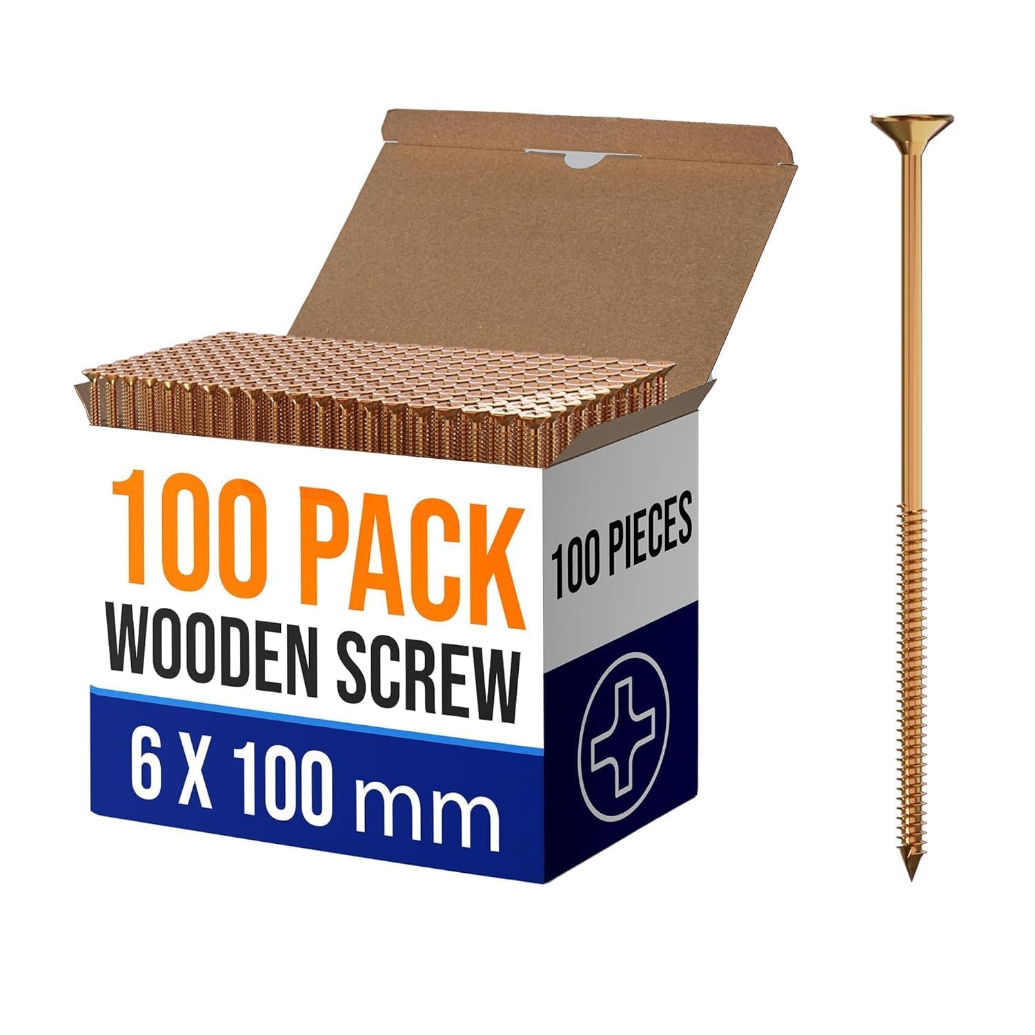 100 PCS Wood Screws, 6mm x 100mm Countersunk Wood Screw Assortment, Multi Use Self Tapping Single Thread Assorted WoodScrews For DIY, Furniture & Repairs