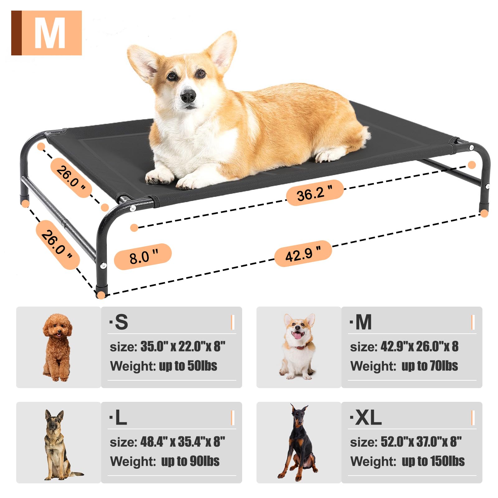 Elevated Dog Bed Cooling Raised Dog Bed Outdoor&Indoor with No-Slip Feet for Medium Dogs - Portable Dog Cot for Camping or Beach, Sturdy Stable Frame Breathable Mesh (Black,Medium)