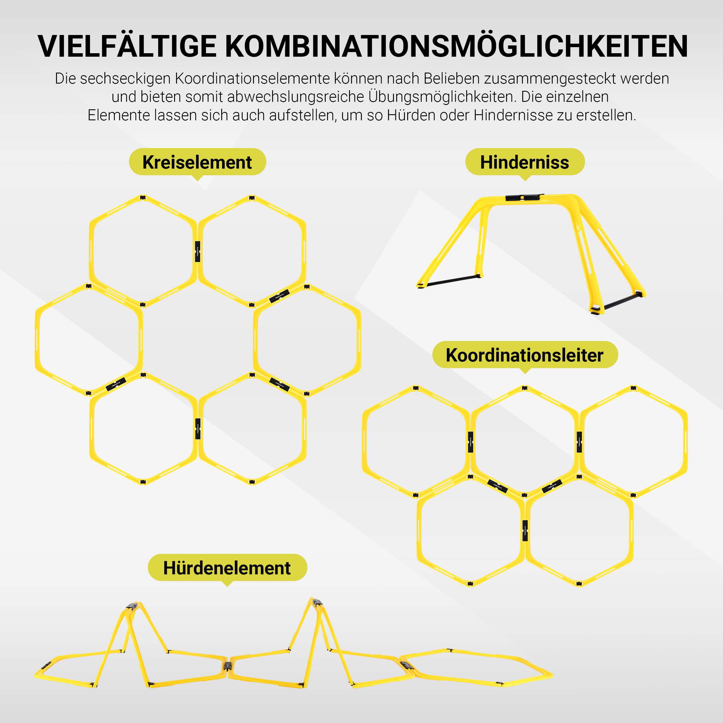 MSPORTS Koordinationsleiter Premium Multifunktional, 6X Hexagon-Elemente als Agility-Leiter u. Hürden kombinierbar Trainingsleiter Fußball Koordinationstraining Leiter