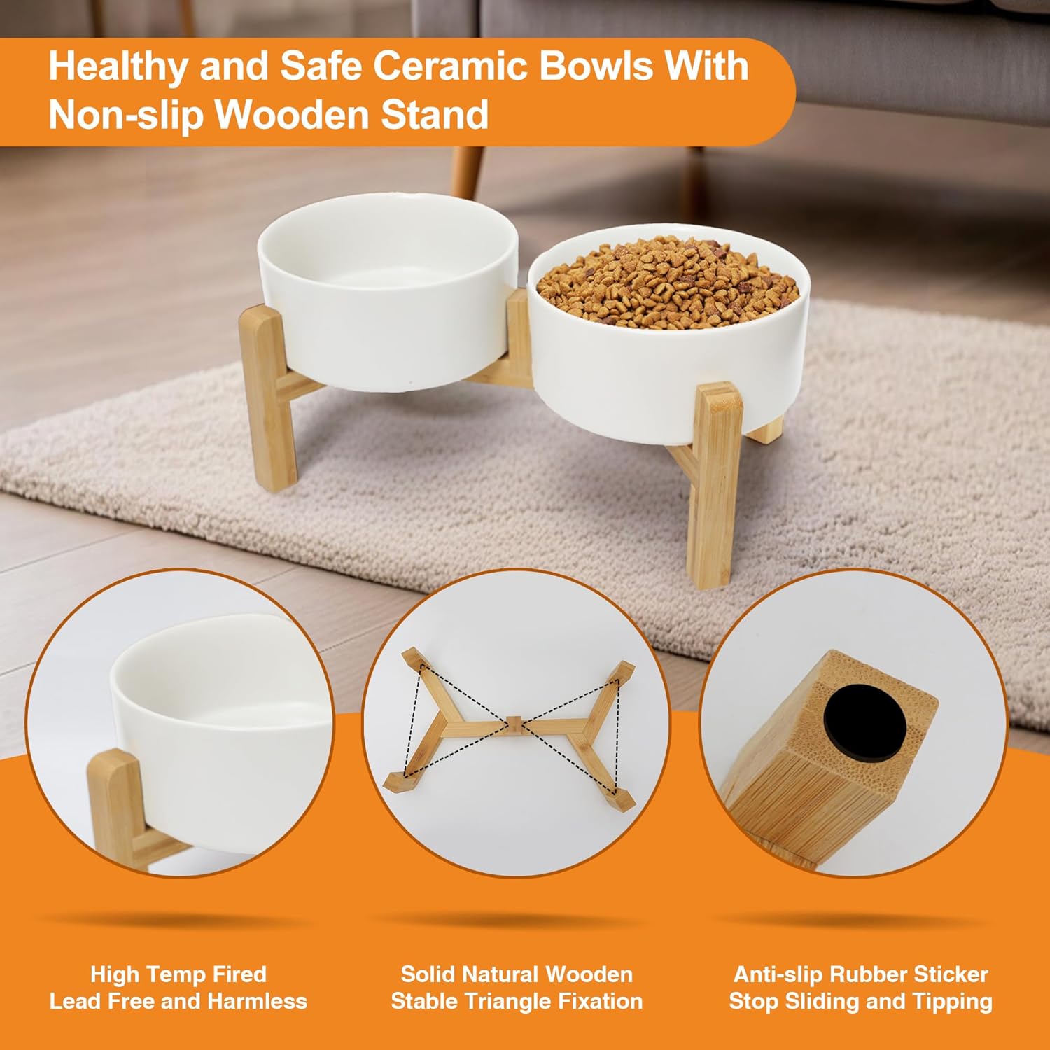Elevated Dog Bowls Ceramic, 30.4 oz Dog Food and Water Bowl Set with Wood Stand, Double Raised Pet Feeding Station for Puppy & Cats - Non-Slip Medium Pet Dishes Dishwasher Safe - White - Image 4