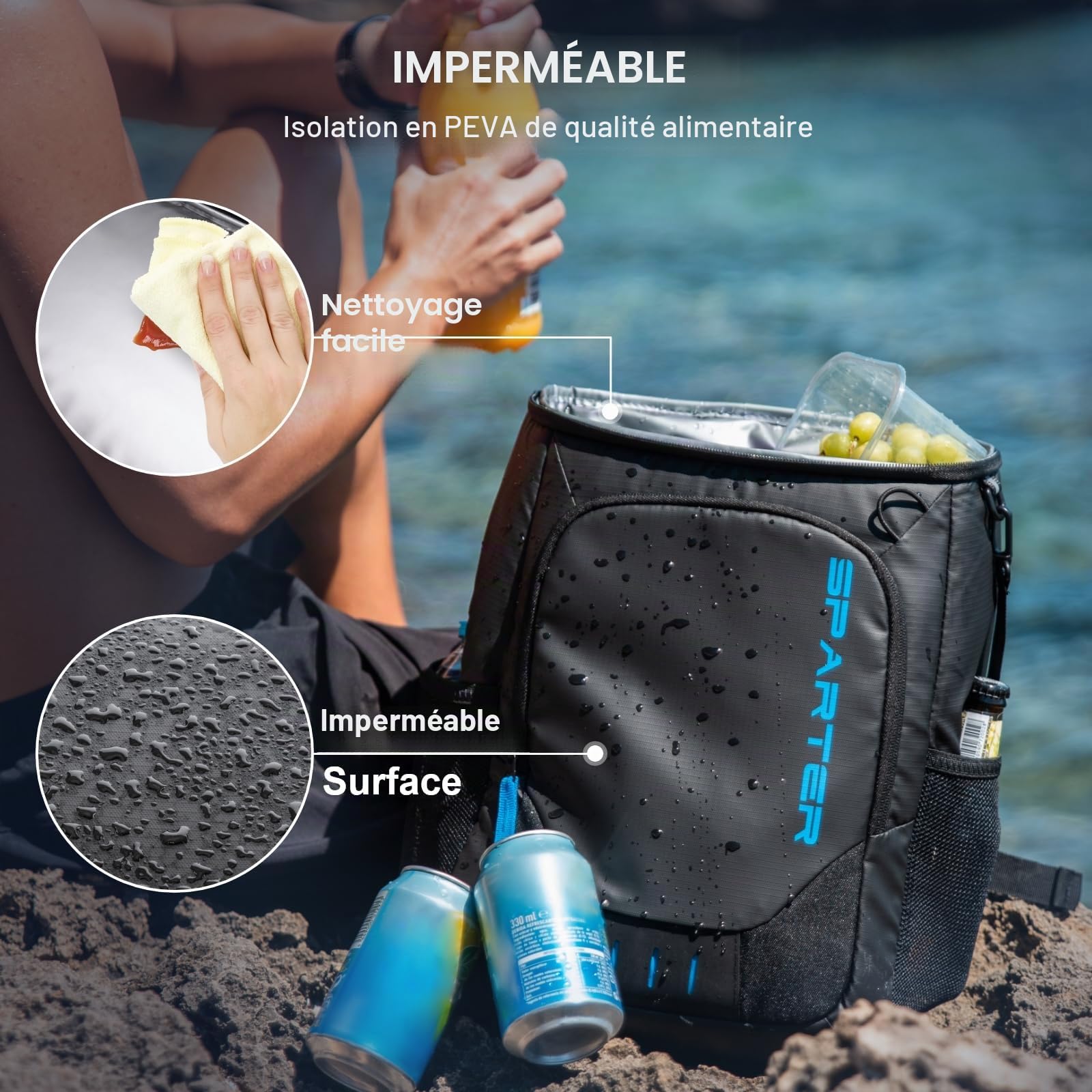 SPARTER Sac à dos isotherme anti-fuite 33/49 canettes, 2 compartiments isolés, sac à dos thermique, portable, léger, plage, voyage, camping, sac à dos pour homme et femme