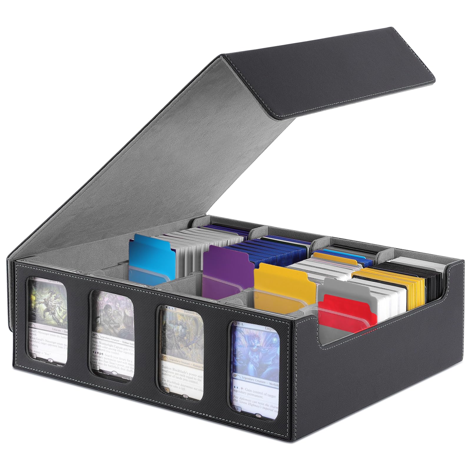OUTOTO MTG Deck Box 3200+ Card Storage with 12 Colorful Divider Tabs, PU Leather Viewing Windows, Fits Magic Game Cards (Gray)