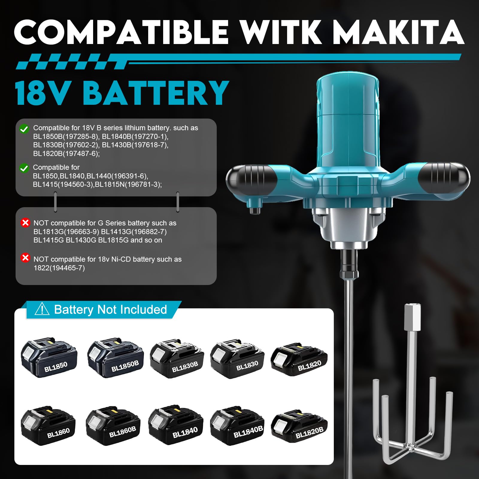Miscelatore Elettrico per Makita 18V Batteria, 6 velocità, max 800 giri/min Betoniera Elettrica per Trapano da 2100W, per Miscelazione di Vernice, Liquame di Cemento, Calcestruzzo, Malta, Foraggio