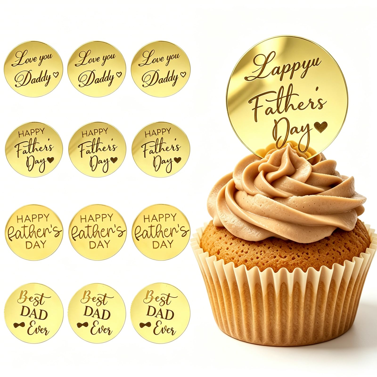 12 Pcs Happy Father'S Day Cupcake Toppers, Fathers Day Decorations, Gold Round Acrylic Mirror Father's Day Cupcake Toppers for Dad Birthday Celebration Supplies