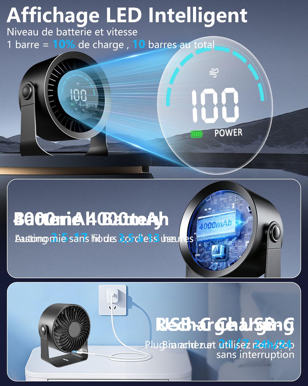 DDKJ Ventilateur Bureau Silencieux 20dB,100 Vitesses Réglables,360° Rotation du Flux d'Air, Affichage LED,Batterie 4000mAh Autonomie 3.5-13 Heures avec Fonctionne Branché pour Chambre Dortoir Cuisine