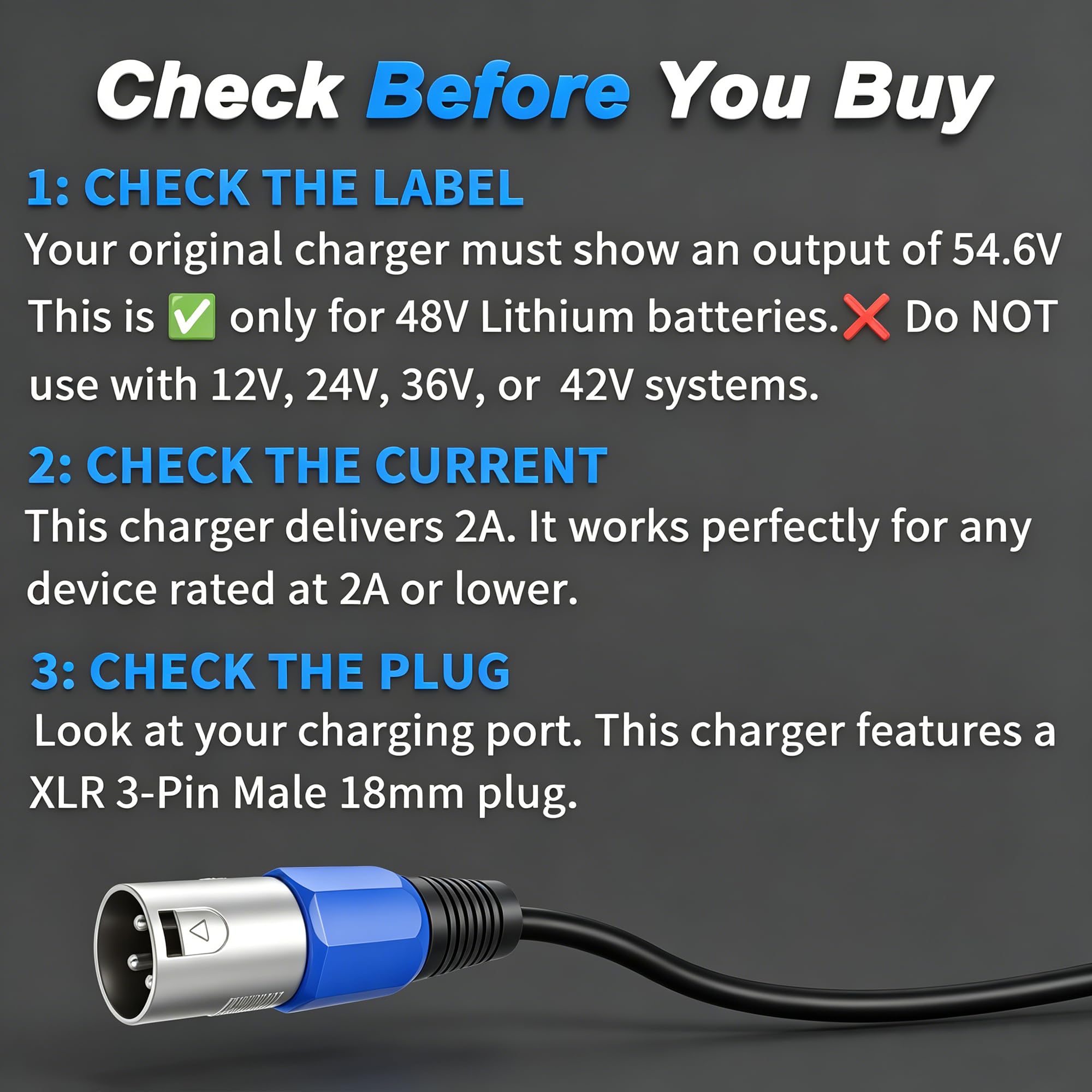 Chargeur 54,6V 2A pour Batterie Lithium 48V de vélo électrique | Affichage tension en temps réel, ventilateur intelligent, protections multiples, connecteur XLR 18mm