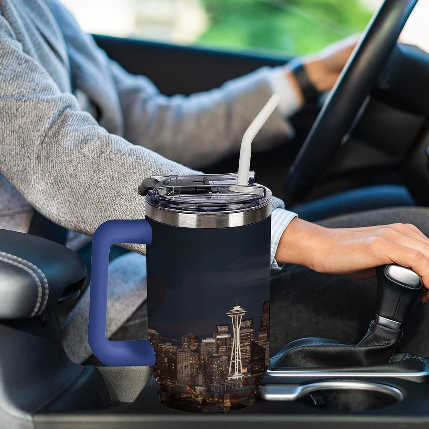 City Seattle Travel Coffee Mug Reusable Durable Stainless Steel Insulated Tumbler with Handle And Straw Leak Resistant Portable Thermal Cup Gifts for Men Women 40 Oz