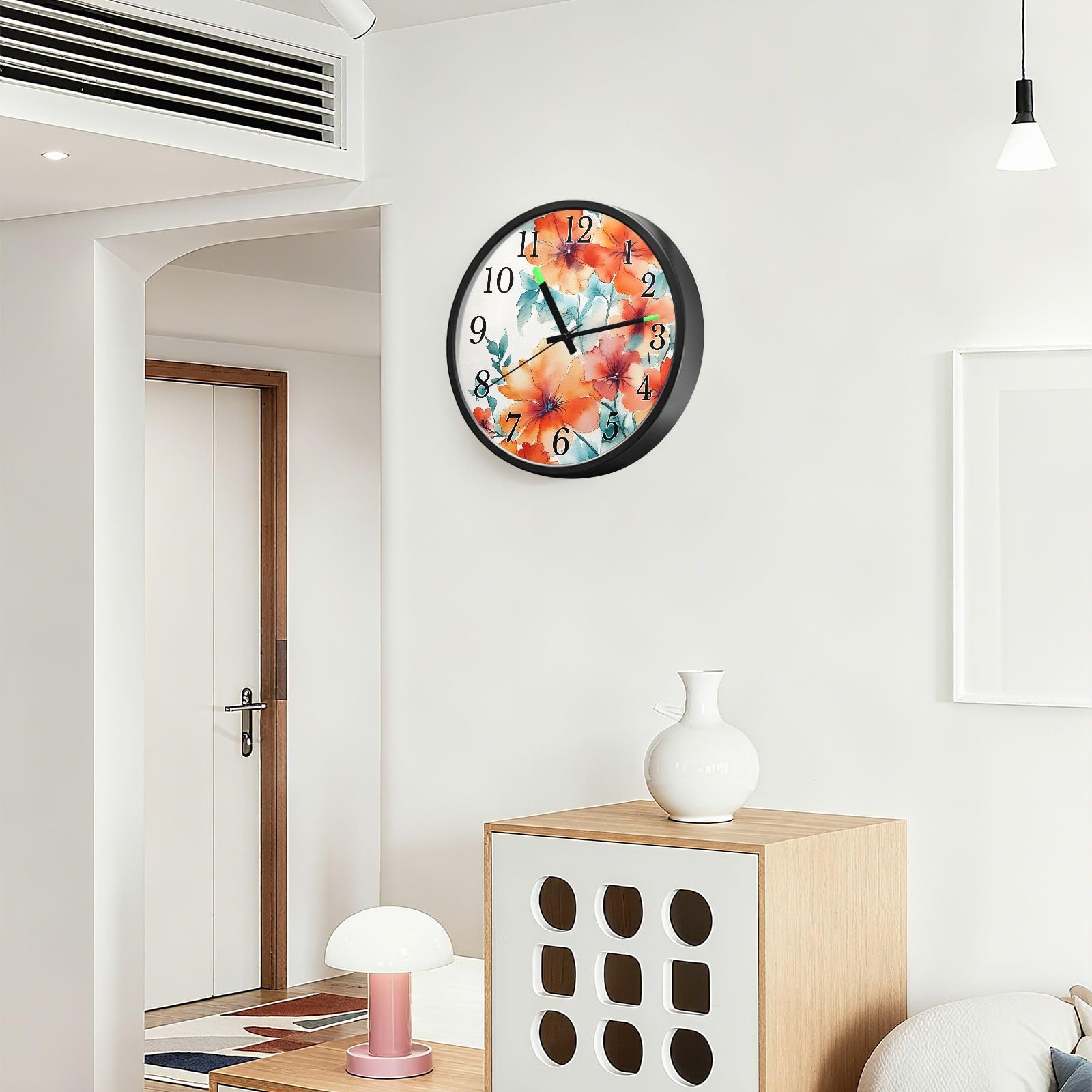 Mnsruu Reloj de pared luminoso con diseño de amapola y flores naranjas, reloj de pared que brilla en la oscuridad, funciona con pilas, silencioso, sin tictac, luz nocturna para dormitorio