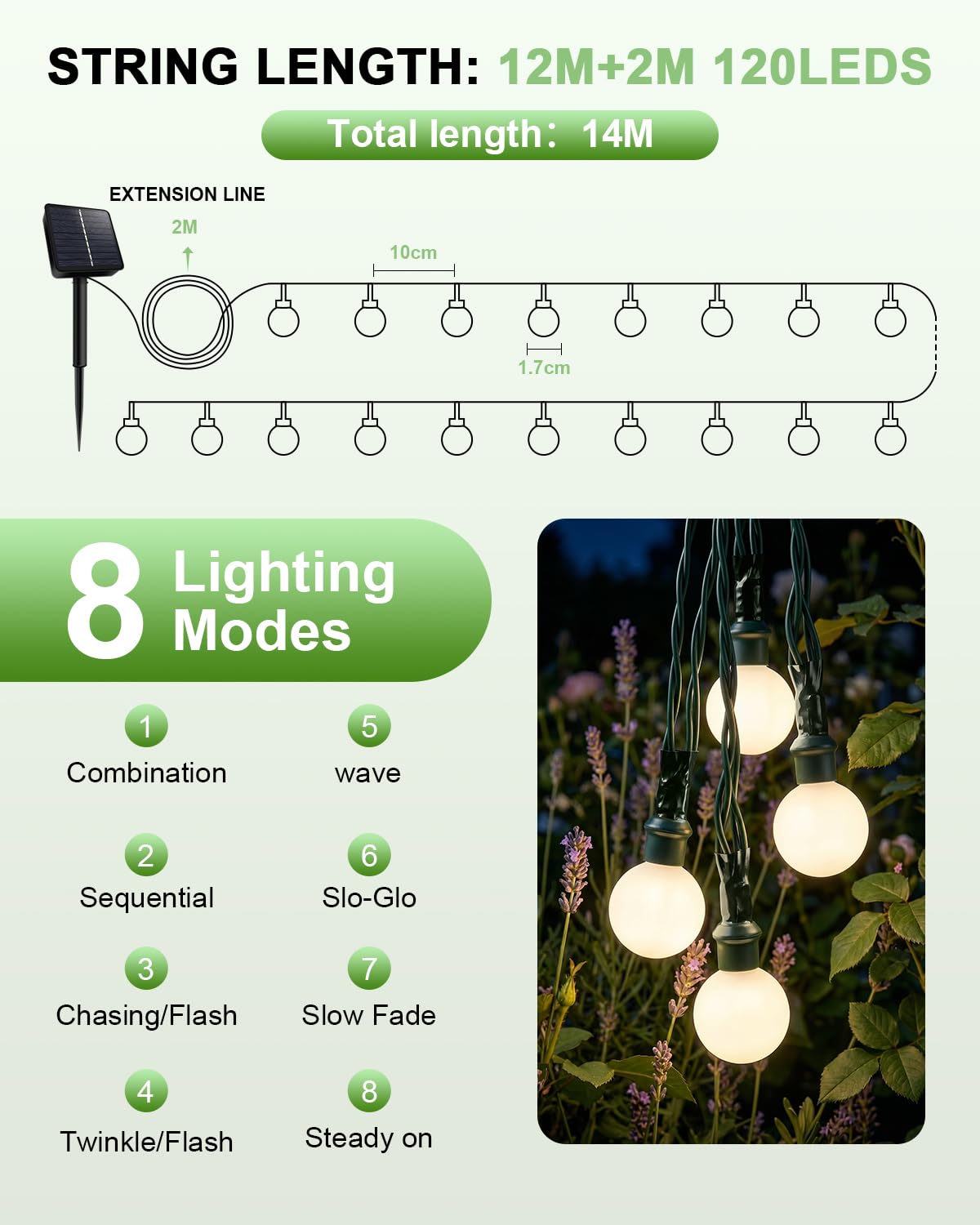 Cadena de luces solares para exteriores, 14 metros, 120 LED, bola blanca, 8 modos de iluminación, resistente al agua IP65, blanco cálido, ideal para jardín, balcón, terraza y árboles