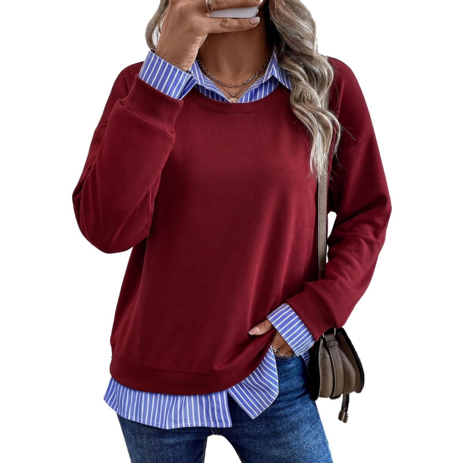 Felpe autunnali da donna – Felpa patchwork a righe con colletto