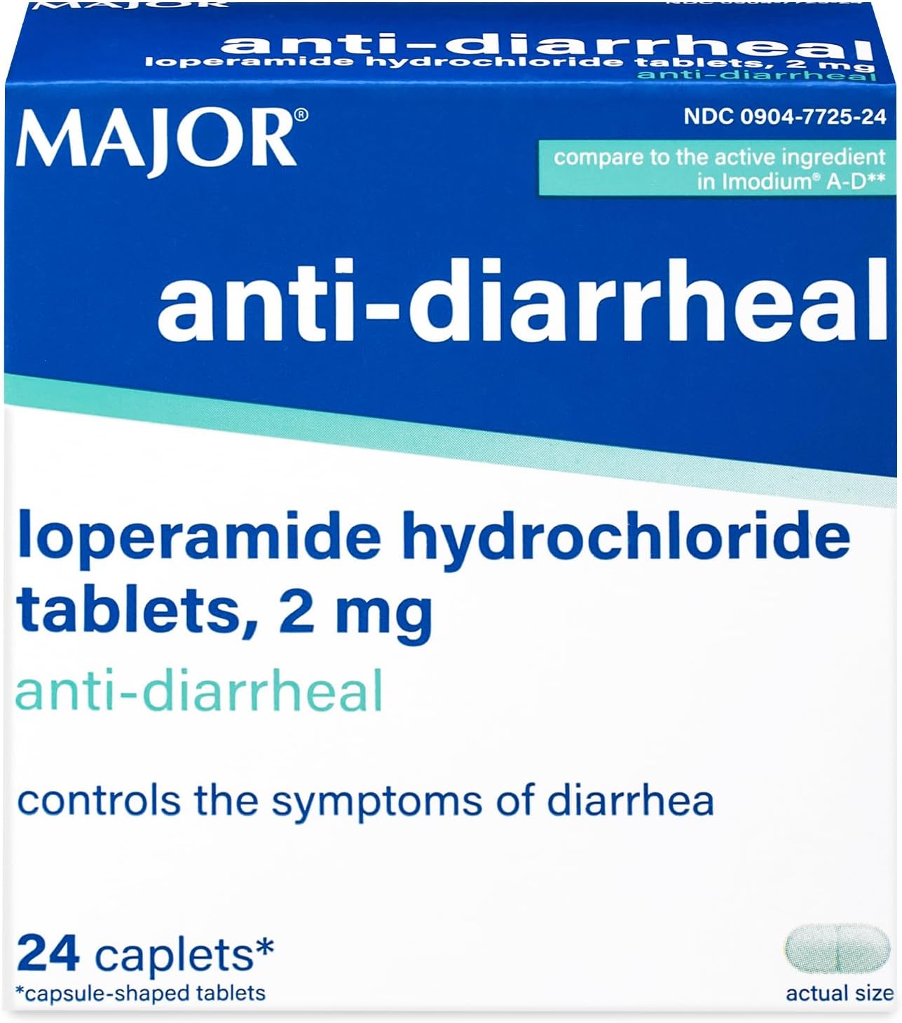 MAJOR Anti-Diarrheal Loperamide Hydrochloride Tablets, 2 mg - Helps Control The Symptoms of Diarrhea - 24 Caplets (1 Pack)