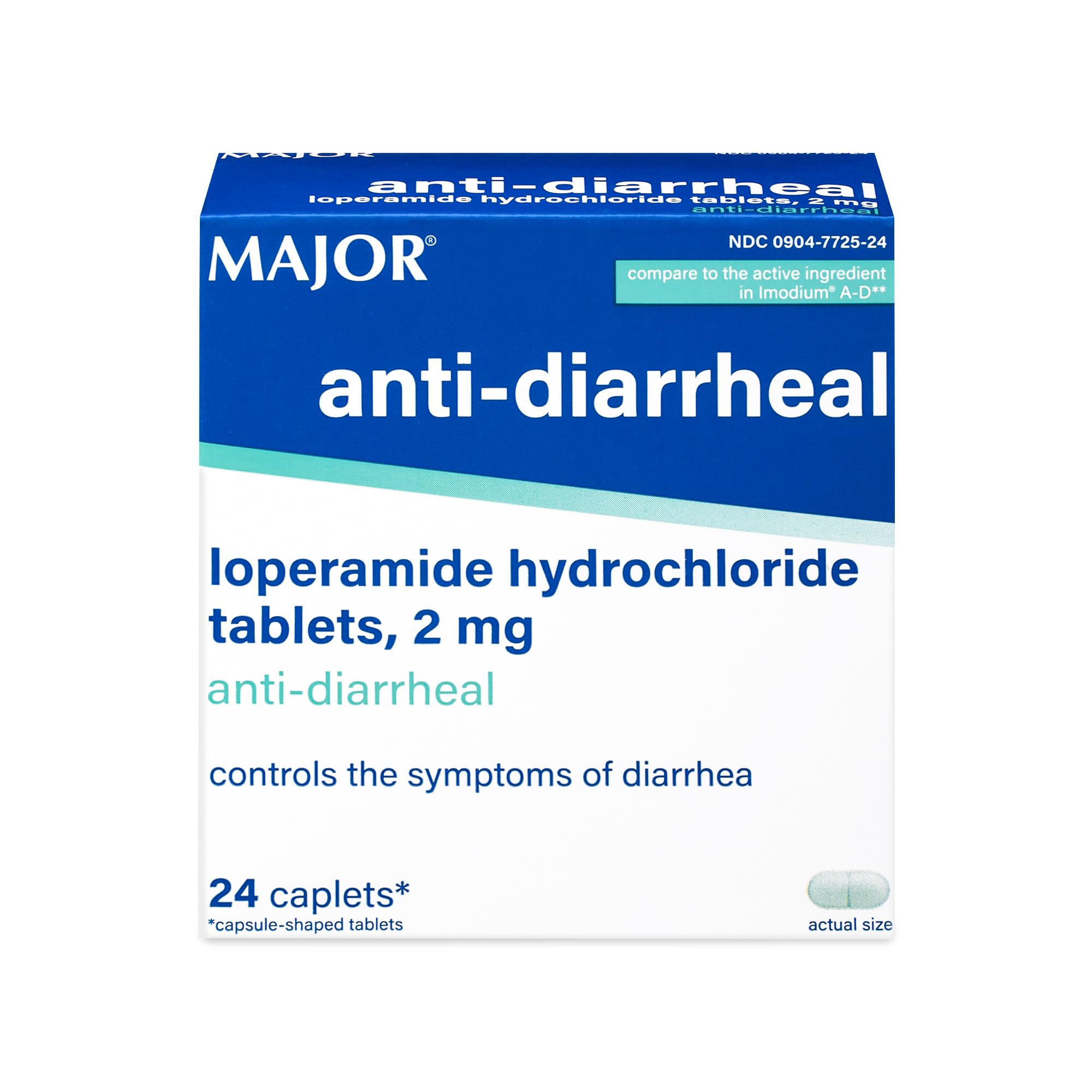 MAJOR Anti-Diarrheal Loperamide Hydrochloride Tablets, 2 mg - Helps Control The Symptoms of Diarrhea - 24 Caplets (1 Pack)