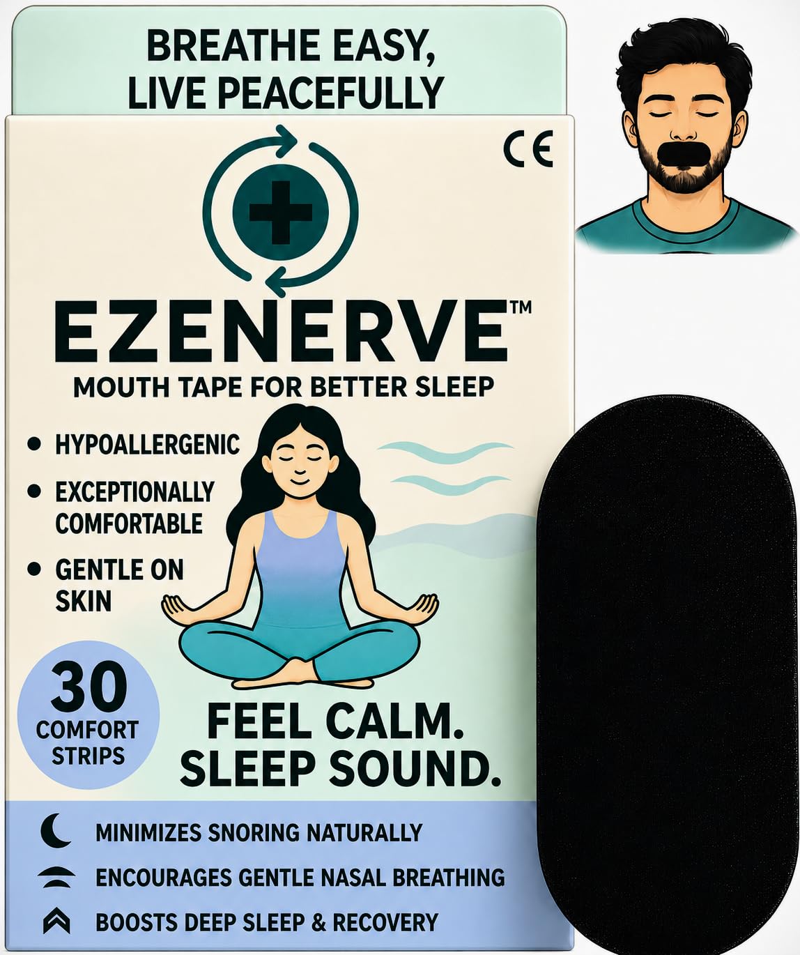 Ezenerve Mouth Tape for Sleeping_30 Strips-Promotes Nasal Breathing, Reduces Snoring, Hypoallergenic Gentle Adhesive, Improves Sleep Quality & Prevents Dry Mouth,Multiporpose Quality Strips-image-40