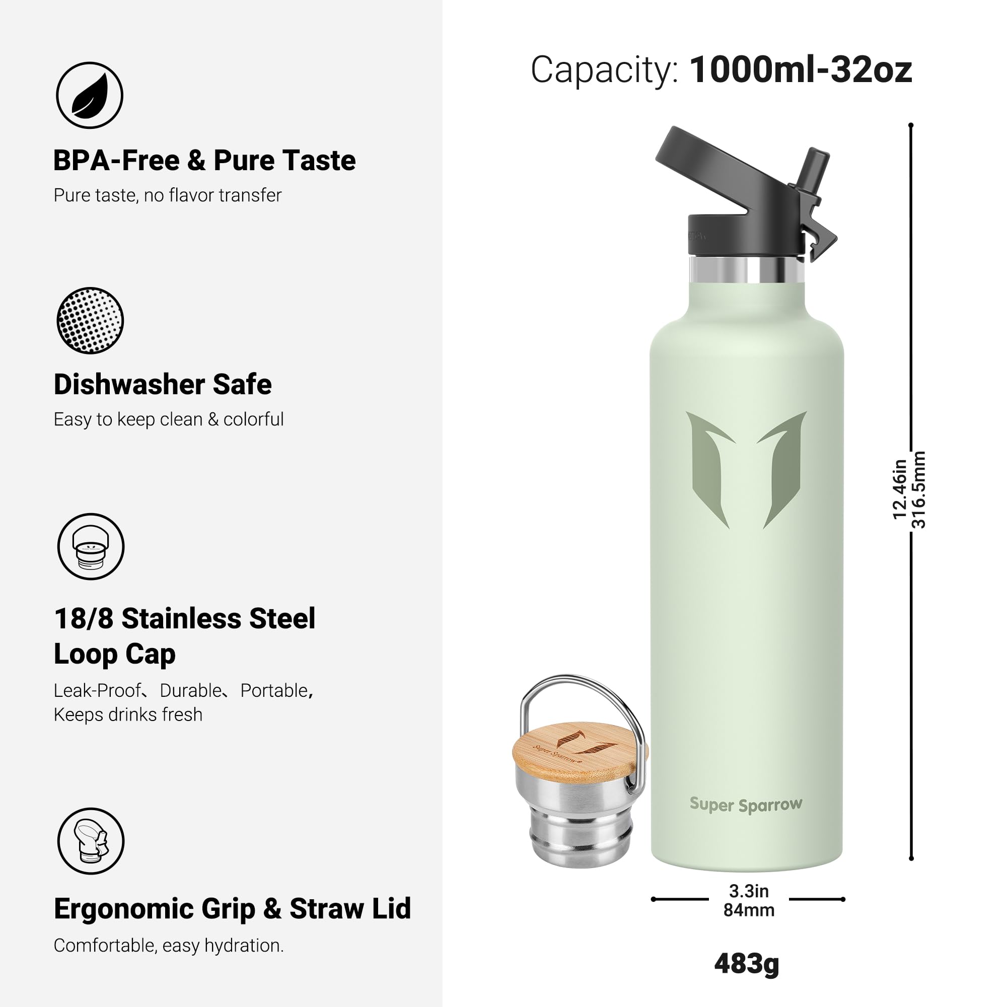 Super Sparrow Borraccia Termica - Bottiglia Termica Senza Perdite - 350ml/500ml/620ml/750ml/1L - Senza BPA Borracce Bambini - Per Scuola, Sport, Campeggio, Palestra, Ciclismo - Con 2 Tappi