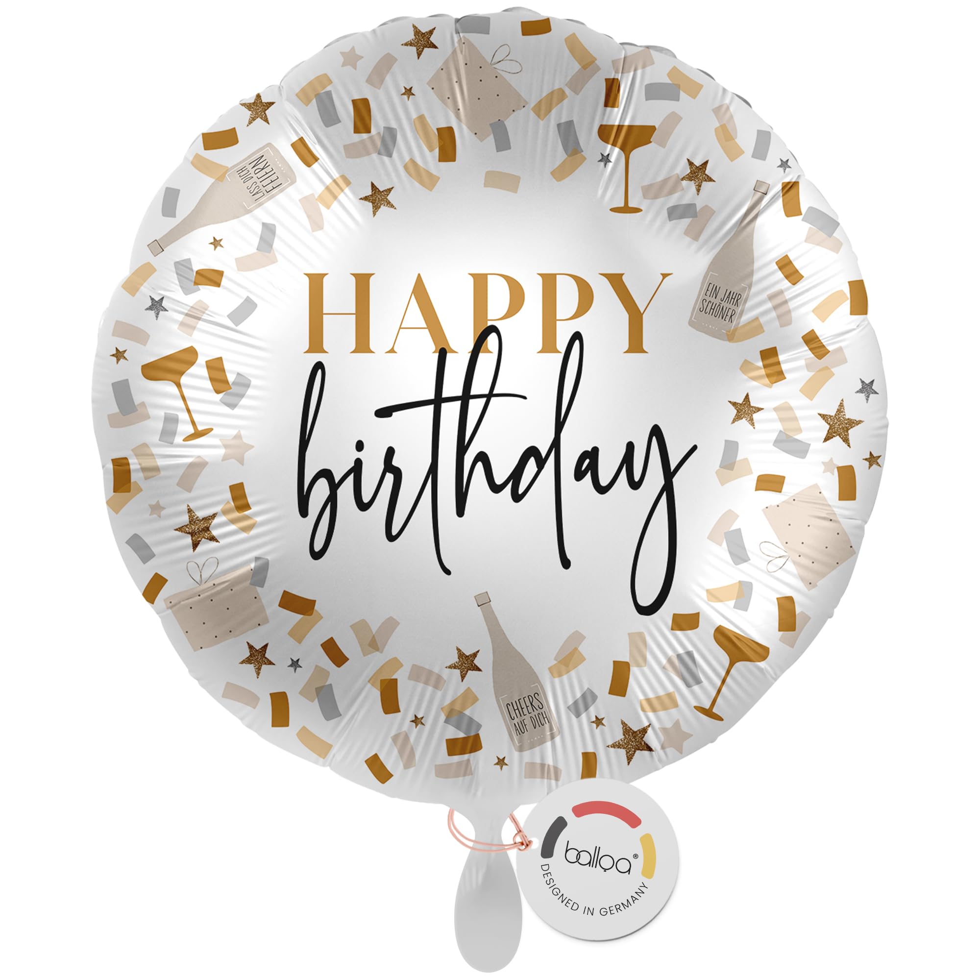 balloa Folienballon XXL Happy Birthday, großer runder Helium Ballon zum Geburtstag, Geschenk für Frauen und Männer, elegante Party Dekoration für Geburtstagsfeier, mit Luft oder Helium befüllbar, 53cm