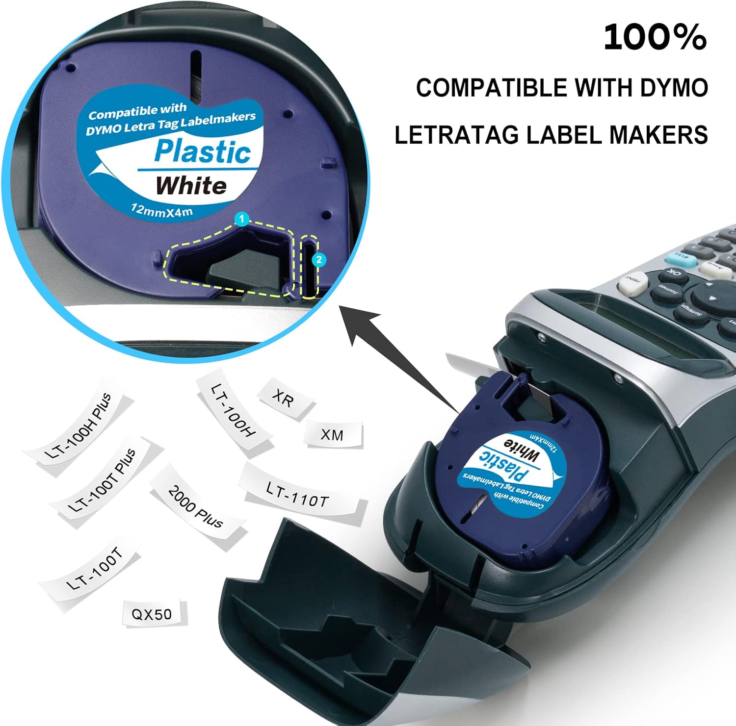 3 Pack Compatible with DYMO LetraTag Refills 12mm x 4m 1/2" x 13' LT Plastic Label Tape Replacement for DYMO LT-100H LT-100T LT-110T QX50 XR XM 2000, Black on White/Black on Clear/White on Black - Image 2