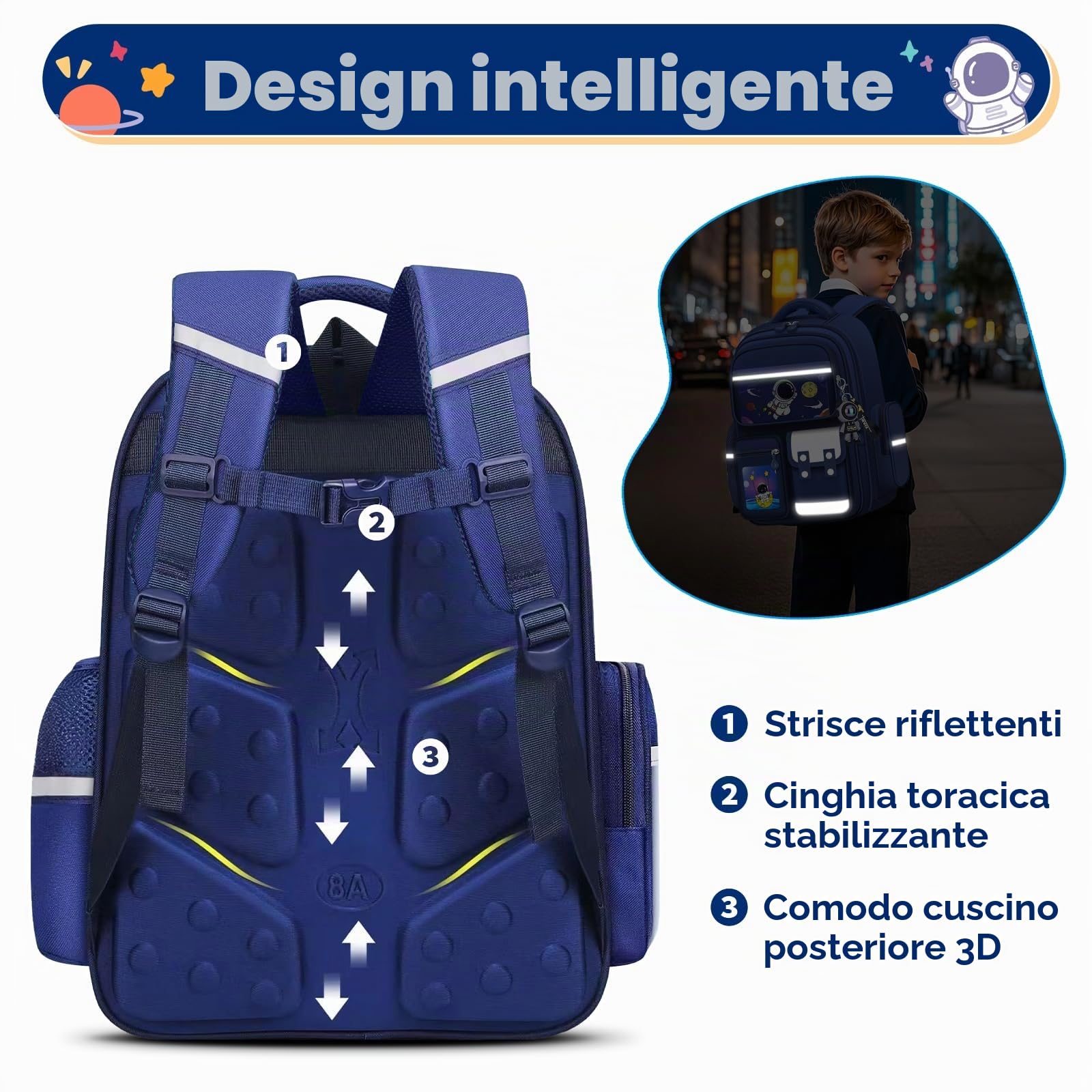 Amythe Zainetto per Ragazzi, Zaino Bambino Scuola Elementare con Molteplici Scomparti e Strisce Riflettenti, Zaini Elementari per Bambini dai 8 ai 12 anni per Scuola o Viaggio, Blu