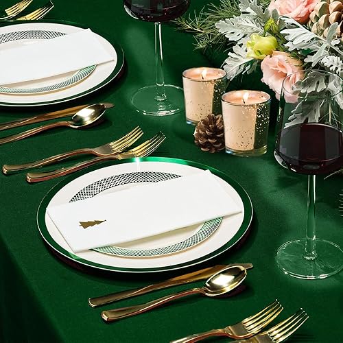 Miniatura 5 de By Madee HEAVYweight - Juego de platos y servilletas de Navidad de 175 piezas, color marfil con platos verdes, cubiertos dorados y servilletas
