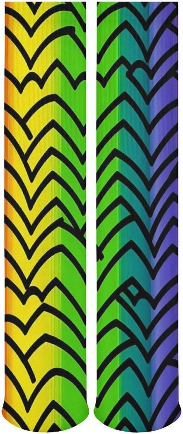 Breathable Crew Sock, Moisture Wicking, Athletic Calf Socks, Cozy | Gay Pride Rainbow Pattern Compression Socks for Women Men, Lightweight High Work Socks for Business, Casual