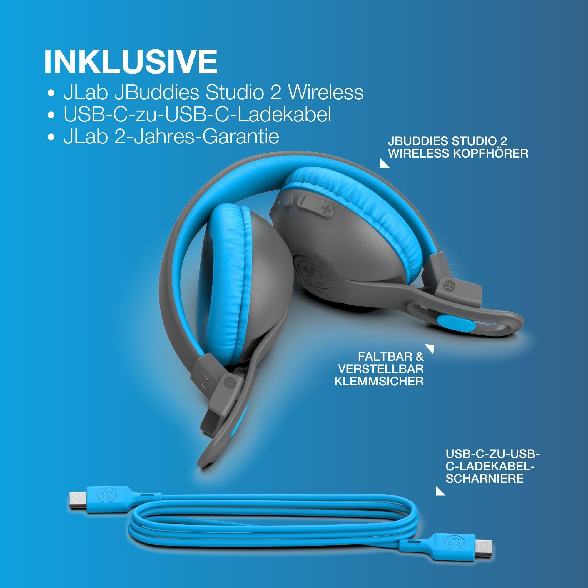 JLab JBuddies Studio 2 Kinder Kopfhörer Kabellos - Bluetooth, Grau/Blau | Over Ear Kinder Kopfhörer mit Mikrofon, Bluetooth, Kid Safe Lautstärkebegrenzung, Geräuschisolierung, kabellos