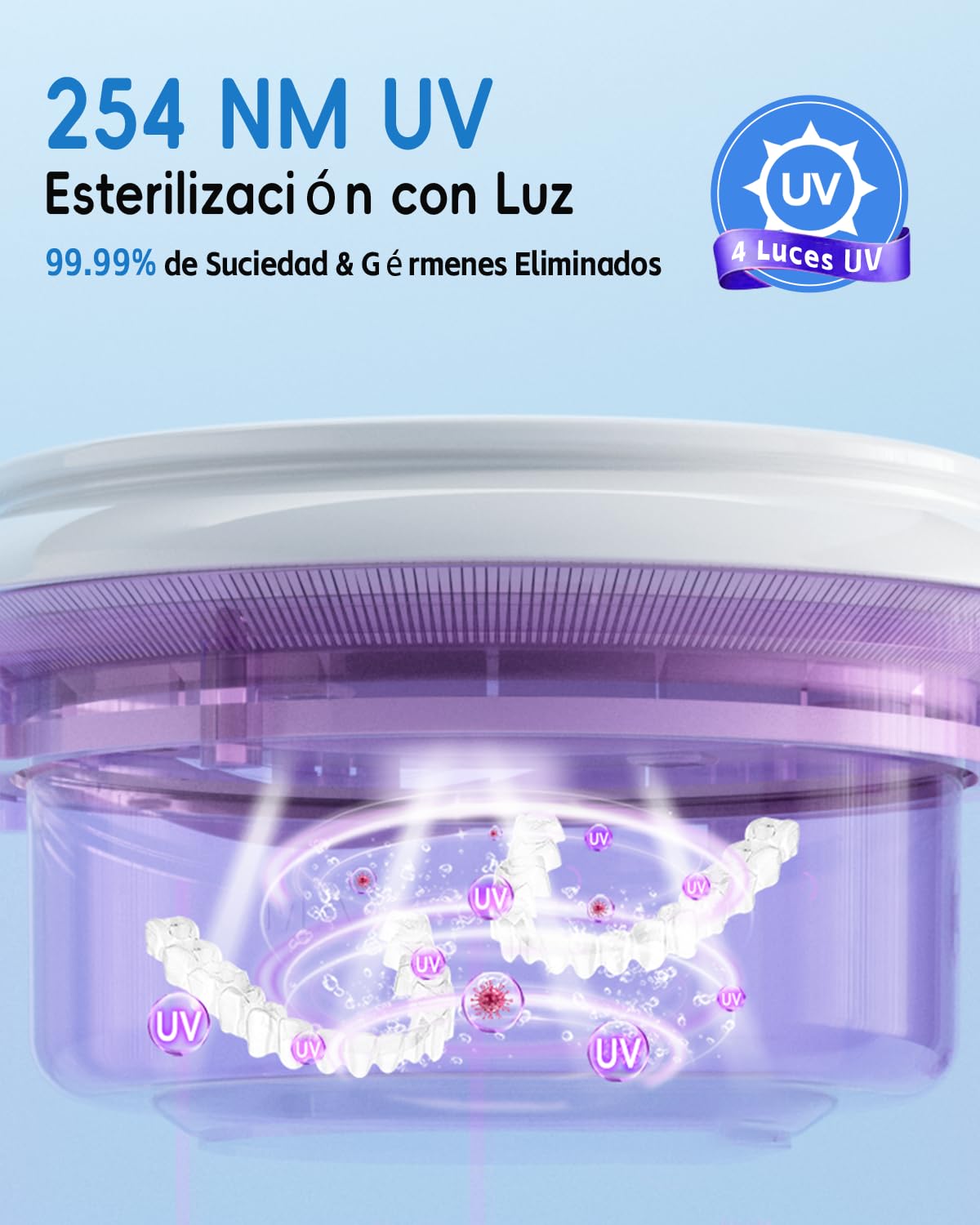 Jeatone Limpiador ultrasónico inalámbrico de 48 kHz, 125 ml, limpiador ultrasónico de prótesis con luz U-V para aparatos ortopédicos, cabezales de cepillo de dientes, joyas, 3 modelos, diseño portátil
