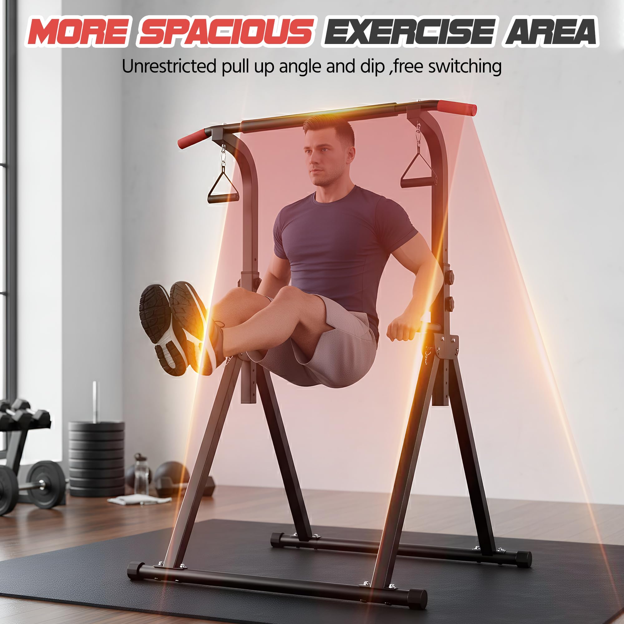 Faltbar Power Tower Dip Station, Klimmzugstange freistehend mit Aufhängering, Multifunktions Home Gym Trainingsgerät, Höhenverstellbar von 175-210cm,Home-Gym Belastbar 150kg
