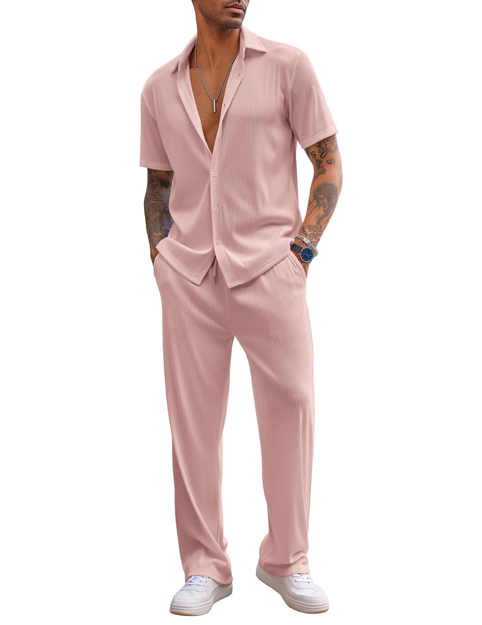 COOFANDY Tenue 2 pièces décontractée à manches courtes boutonnée pour homme