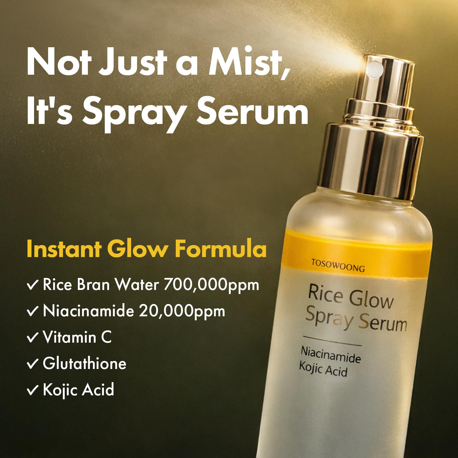 TOSOWOONG Rice Glow Spray Serum, 70% Crusca di Riso, Vit.C, Kojico, Glutatione, Acido Ialuronico, PDRN, Siero Spray All-in-One Glass Skin, K-Beauty, 100ml / 3.38 fl. oz.