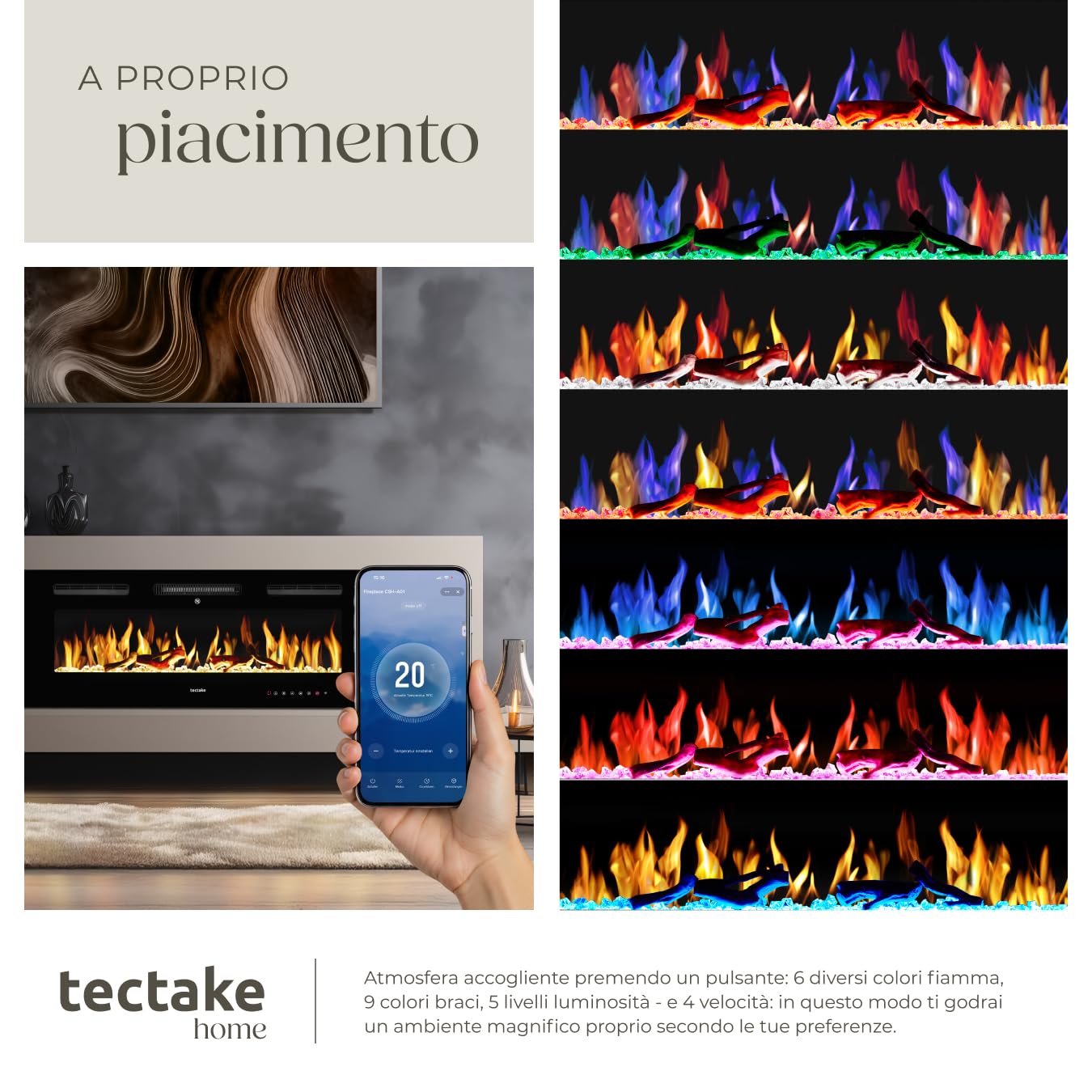 tectake® Caminetto elettrico da parete, Camino Elettrico 106,5x43x12 cm, 2 livelli di riscaldamento 900 W e 1800 W, 6 colori per effetto fuoco finto LED 3D, controllo app e WiFi e telecomando, Stufa