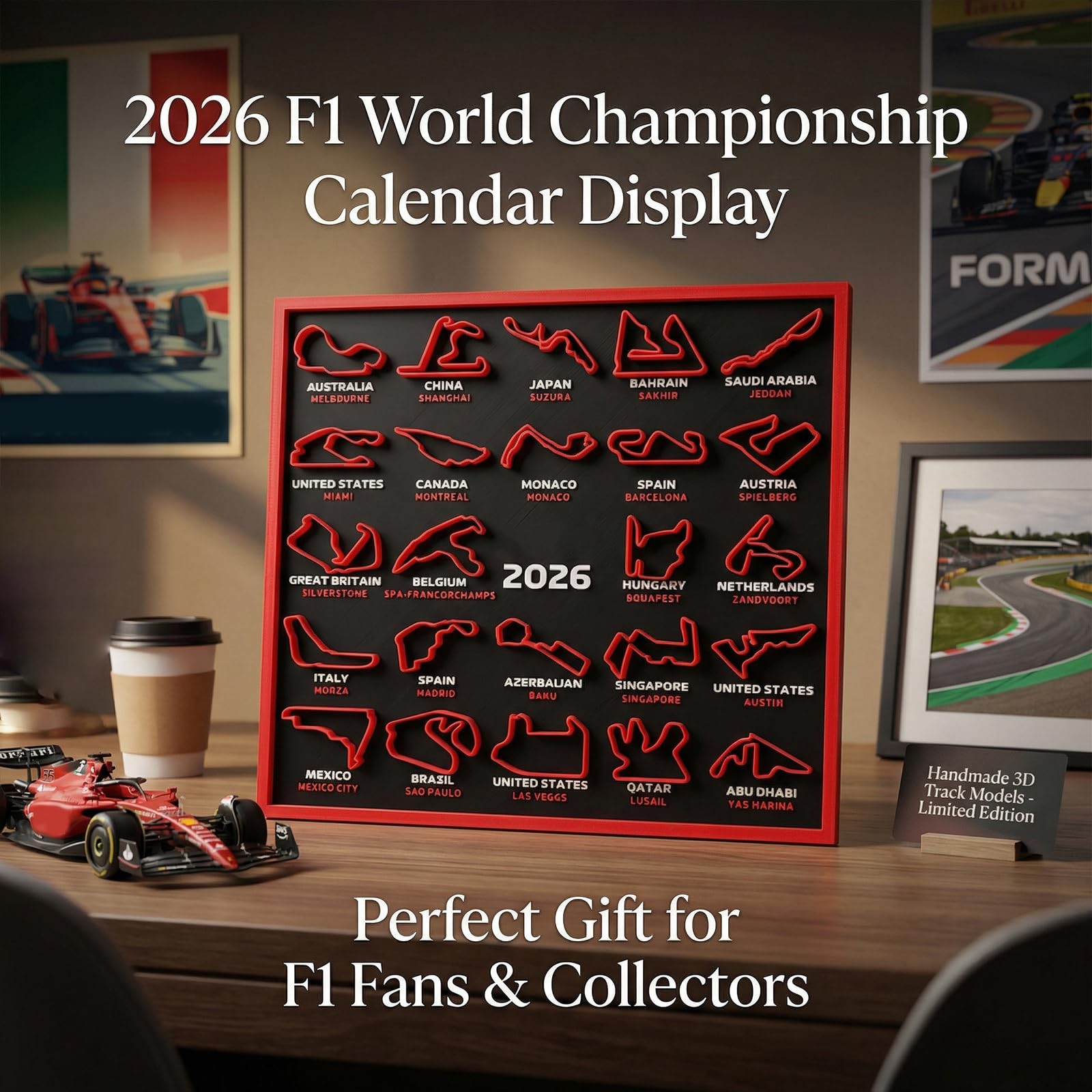 Calendrier de compétition 2026 Motorsport imprimé 3D Calendrier de suivi des dates de tournoi pour fans de sport Collector Wall Deck