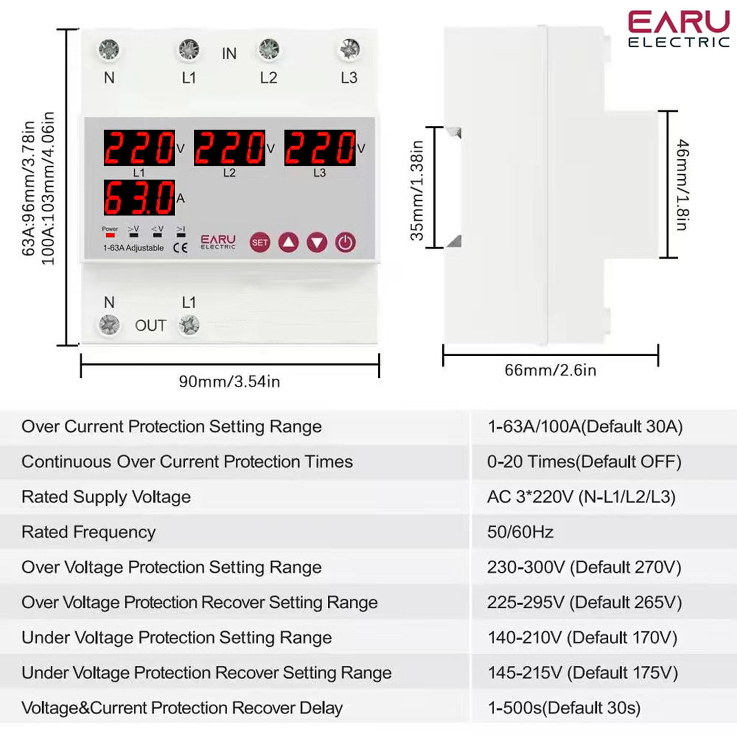 Detailed specifications and dimensions of EARU Electric 3-Phase ATS