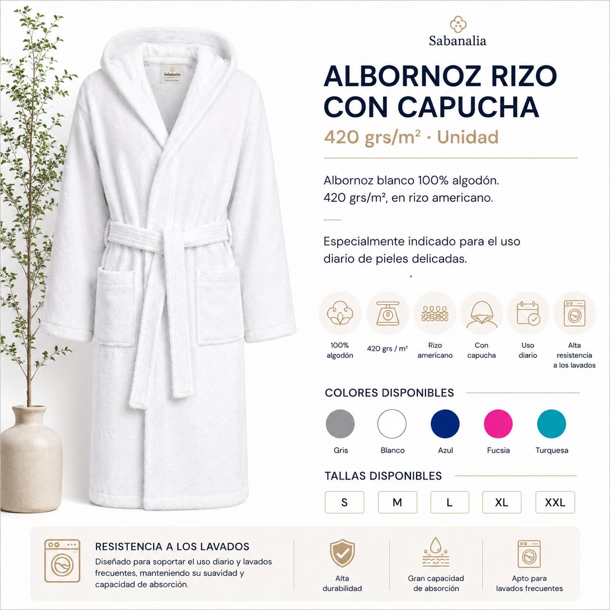 SABANALIA Peignoir unisexe en tissu éponge avec capuche, 420 g/m², 100% coton, double poche, disponible en plusieurs tailles et couleurs, ceinture ajustable, haute capacité d'absorption